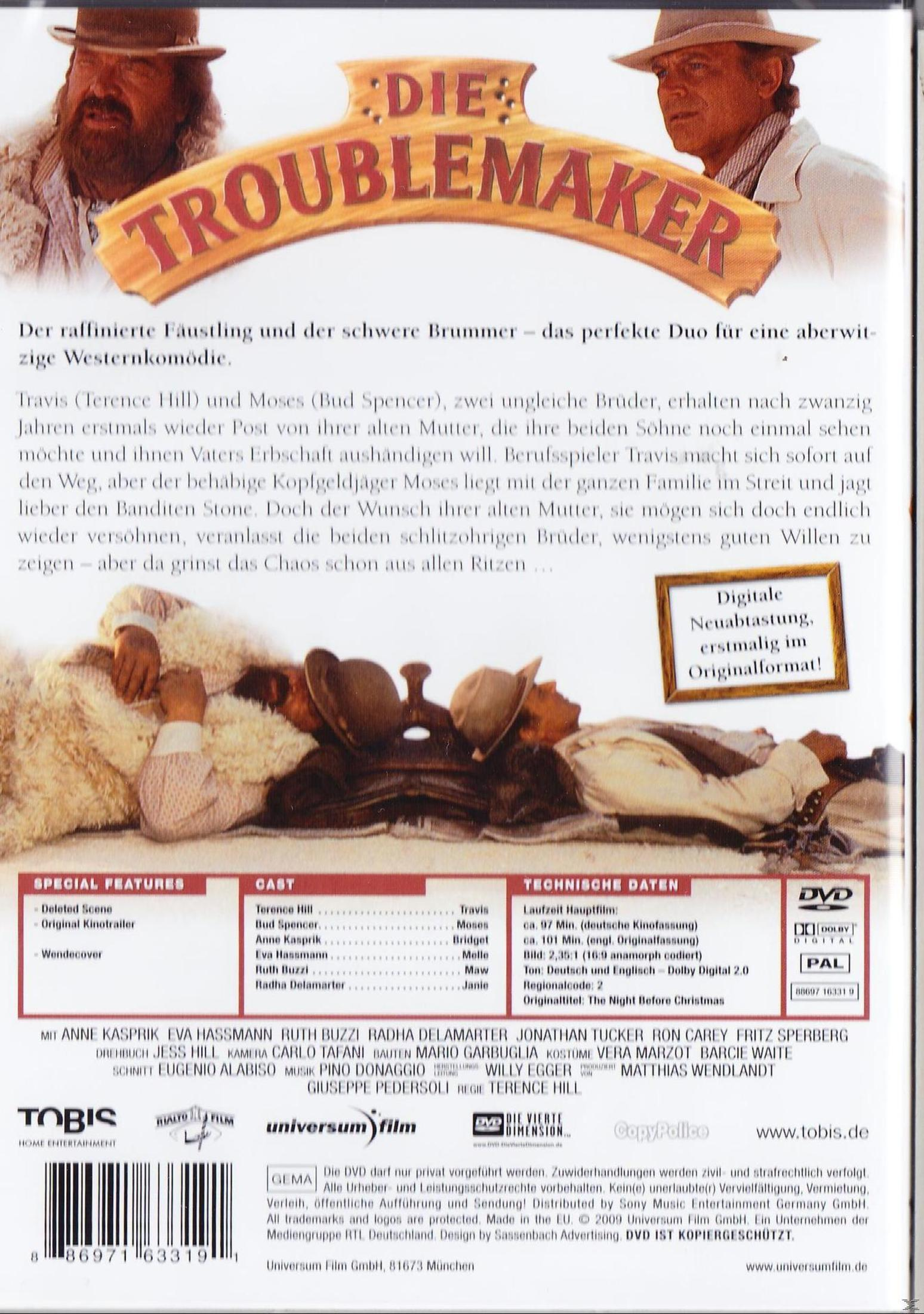 DVD-Rückseite des Films Die Troublemaker mit Terence Hill und Bud Spencer, Text und Informationen.