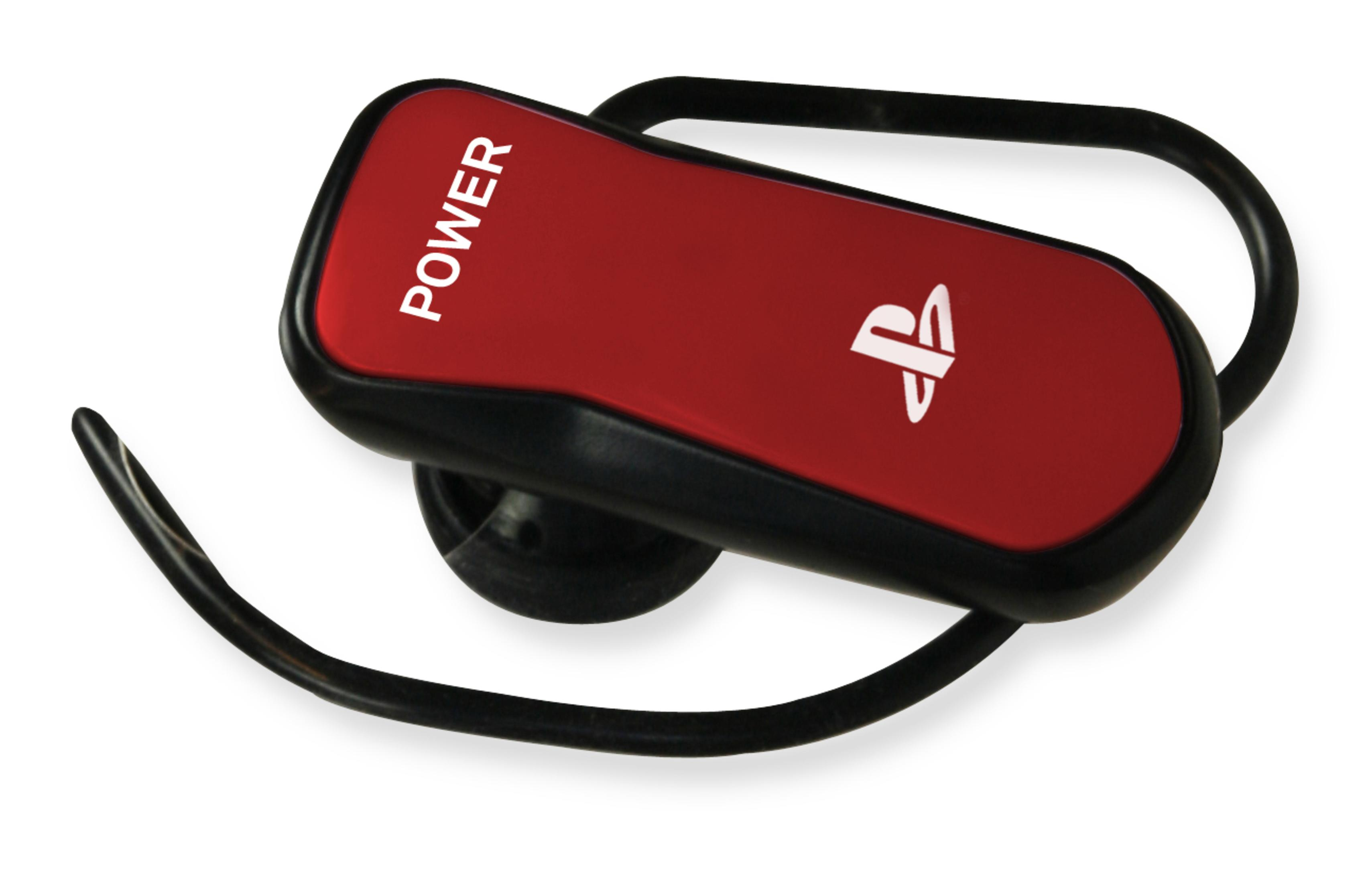 Czerwono-czarny zestaw słuchawkowy Bluetooth PlayStation z napisem POWER i logo na białym tle.
