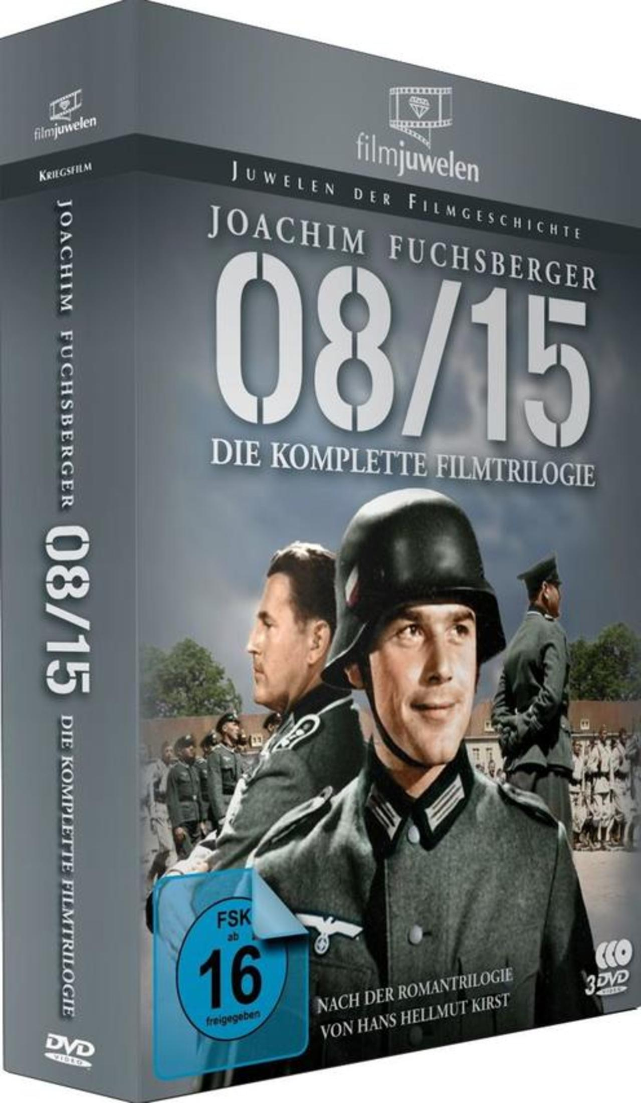DVD-Hülle der Filmtrilogie 08/15 mit Soldaten in historischen Uniformen und FSK-16-Logo.