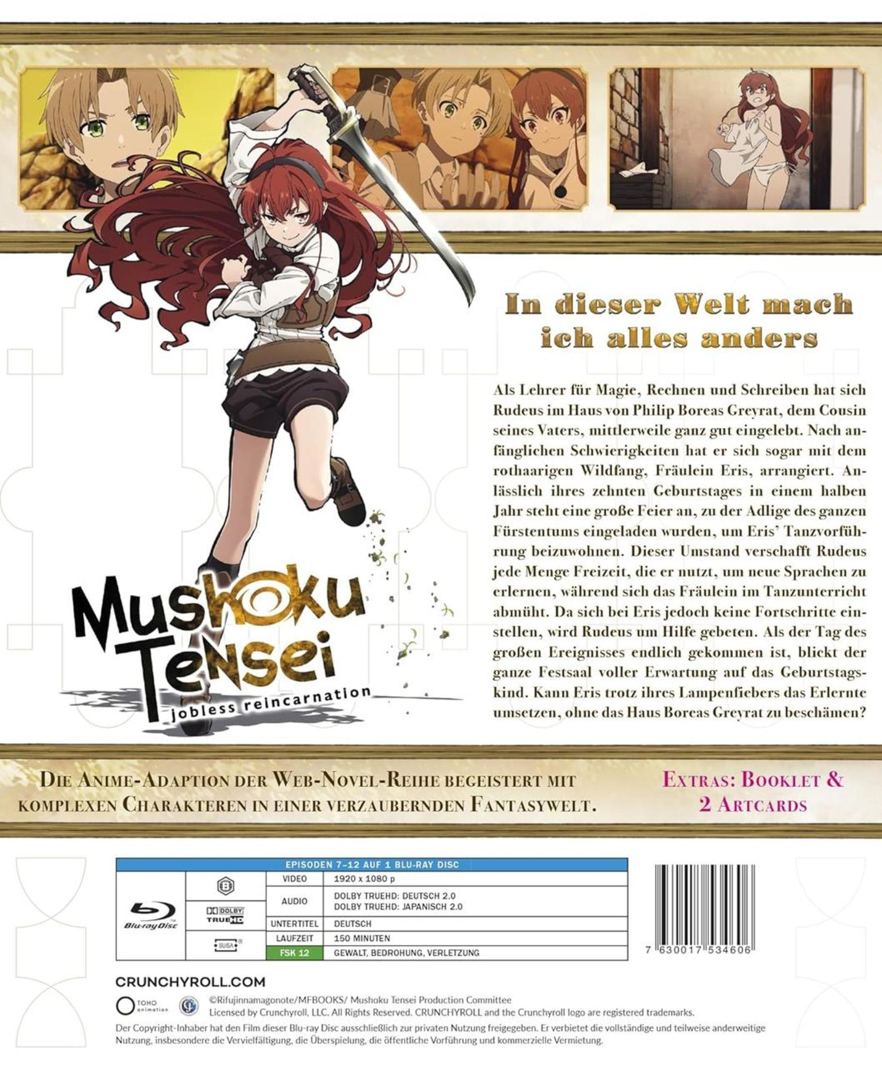 Rückseite der 'Mushoku Tensei' Blu-ray mit einer Frau mit Schwert.