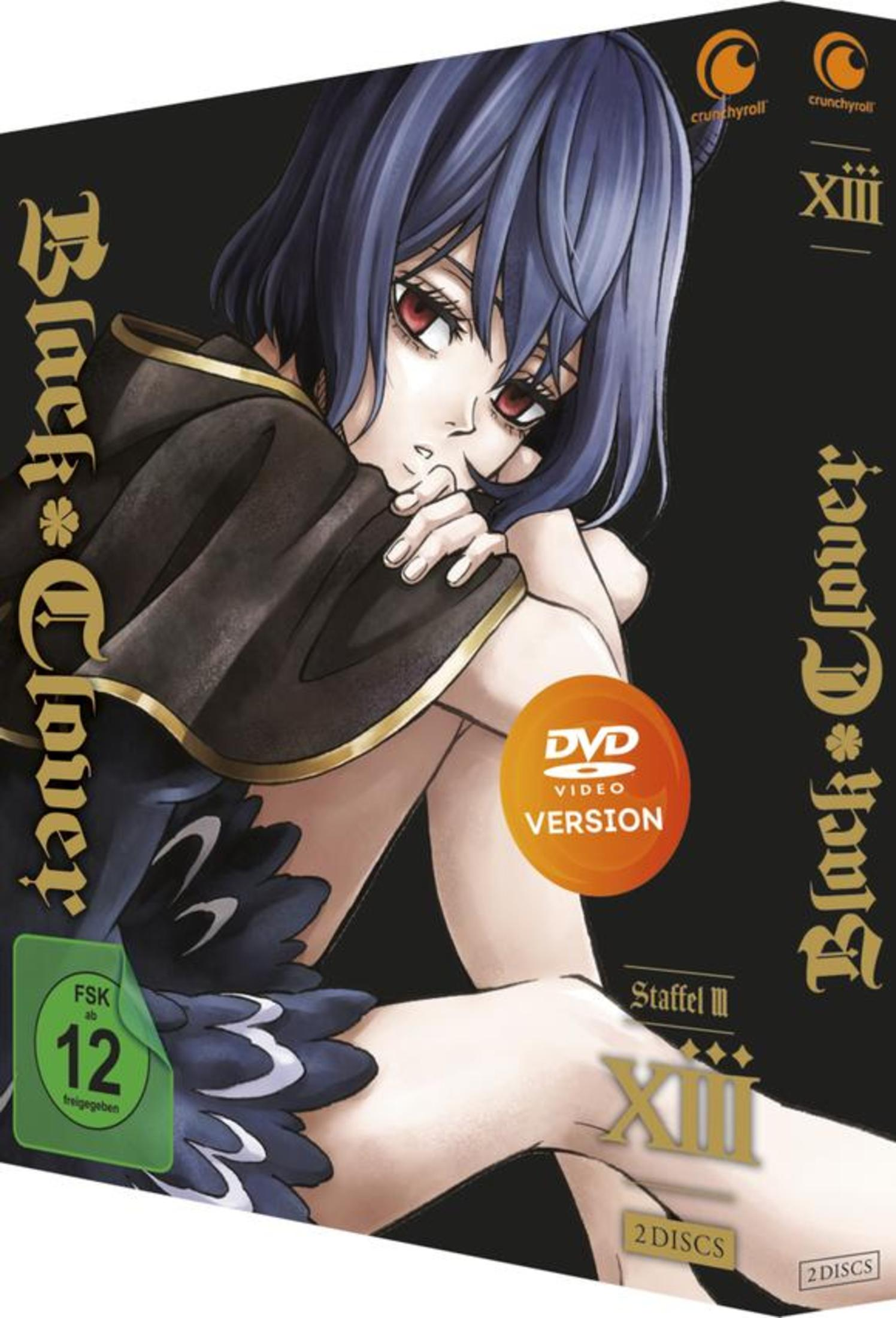 Black Clover XIII DVD-Cover. Ein Mädchen mit schwarzen Haaren und einem Umhang ist auf dem Cover.
