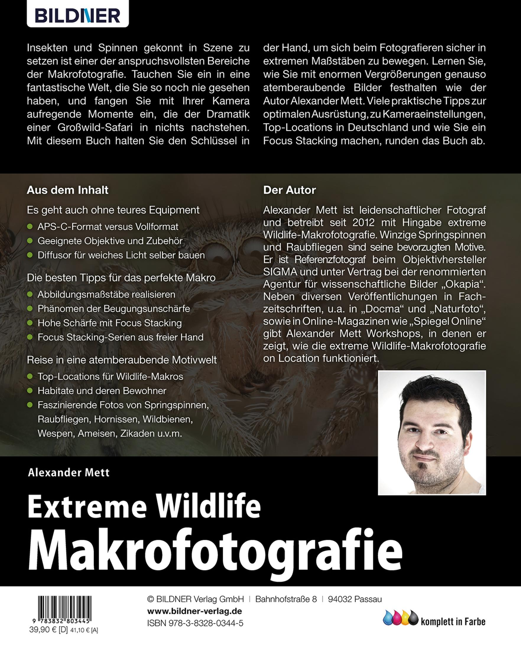 Buchcover. Titel: Extreme Wildlife Makrofotografie. Autor: Alexander Mett. Ein Manns Gesicht ist in der Ecke.