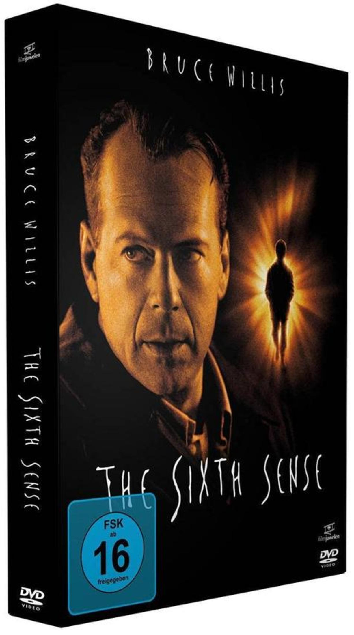 DVD-Hülle von The Sixth Sense mit Bruce Willis und einer leuchtenden Gestalt im Hintergrund.