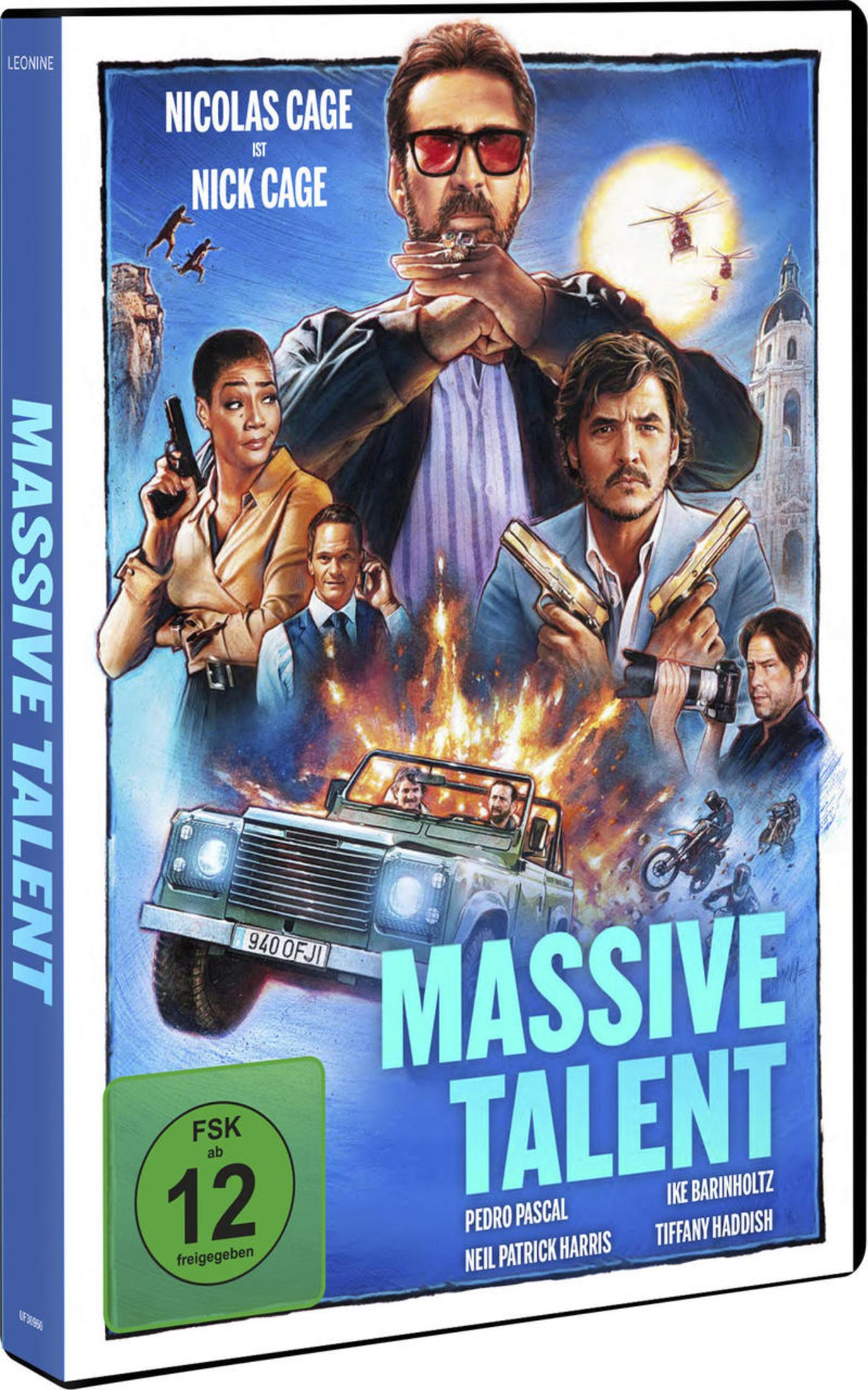 DVD-Cover von Massive Talent mit Nicolas Cage und Pedro Pascal vor einer Autoexplosion.