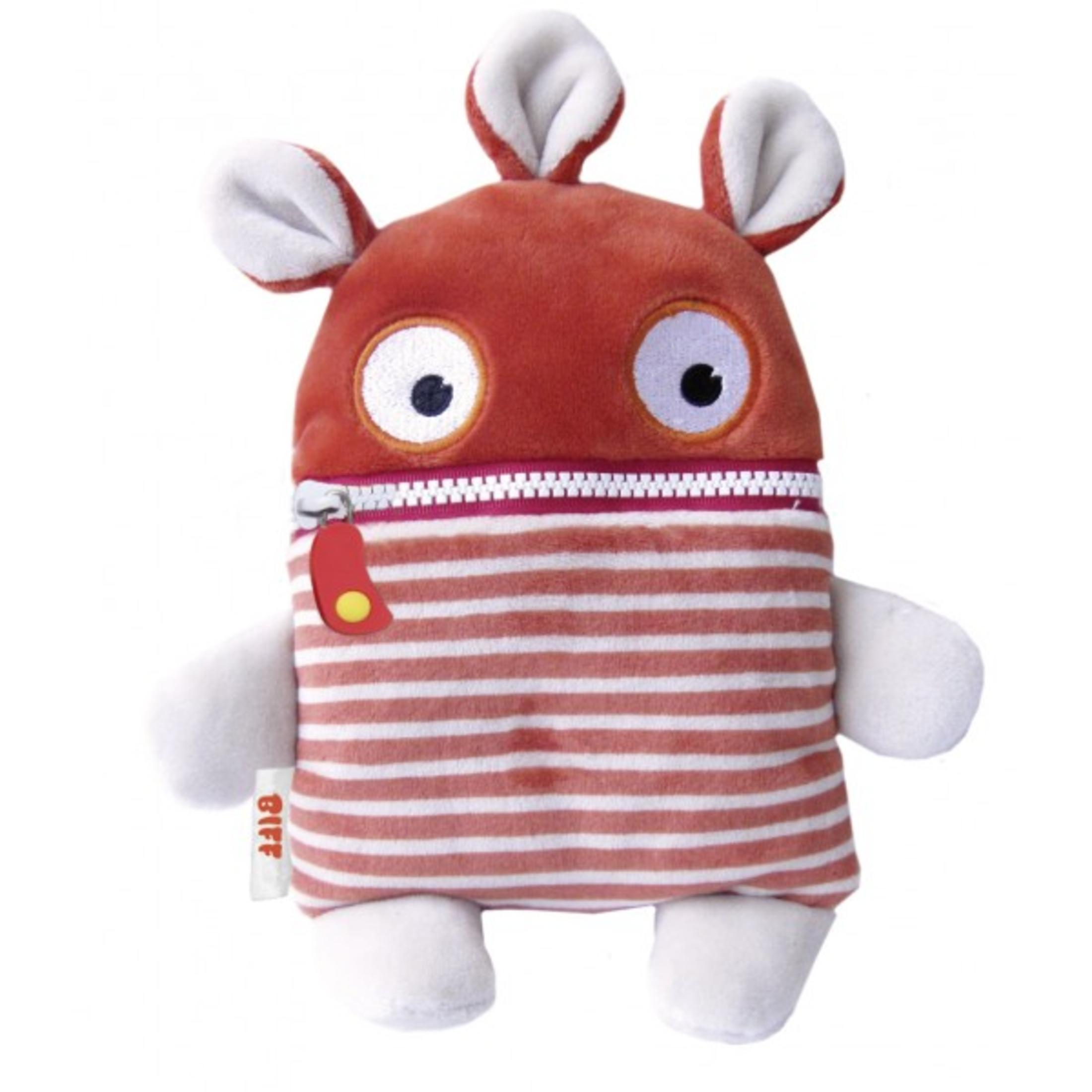 Un peluche a righe rosse e bianche con grandi occhi e una cerniera sul petto.