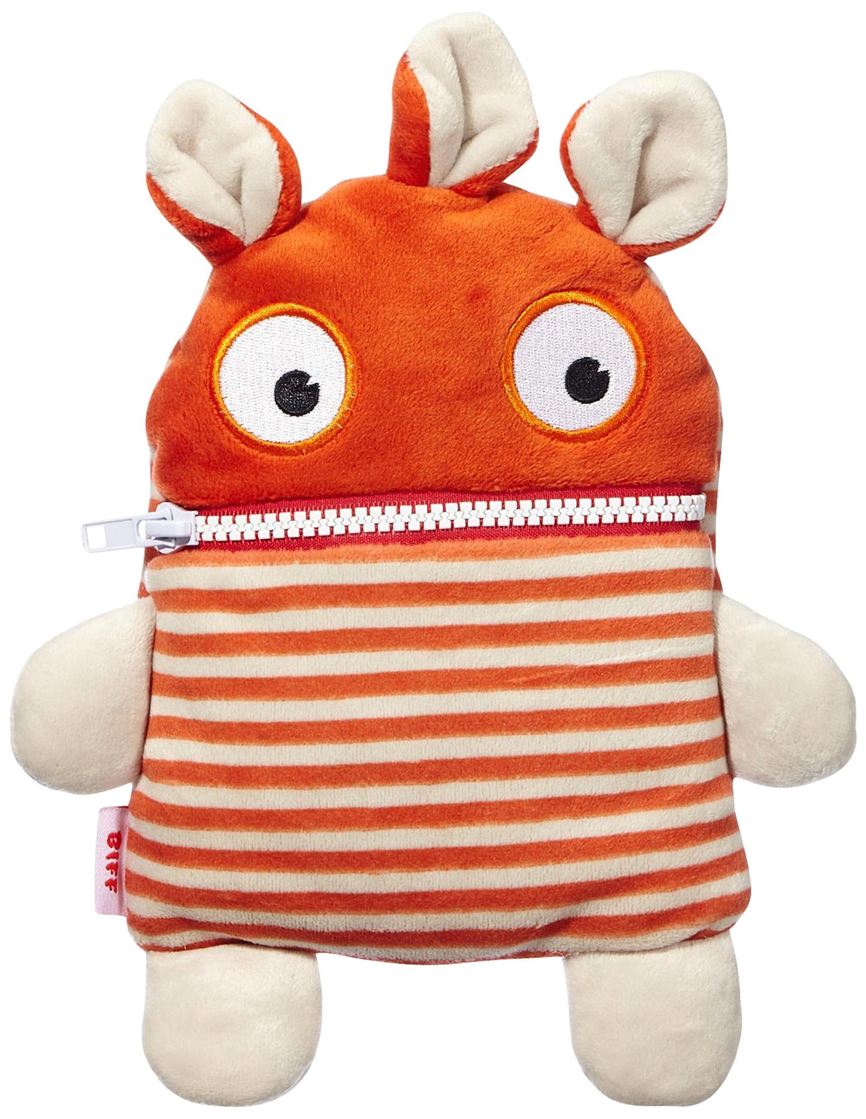 Un peluche colorato con bocca a zip. Ha strisce arancioni e bianche e una testa.