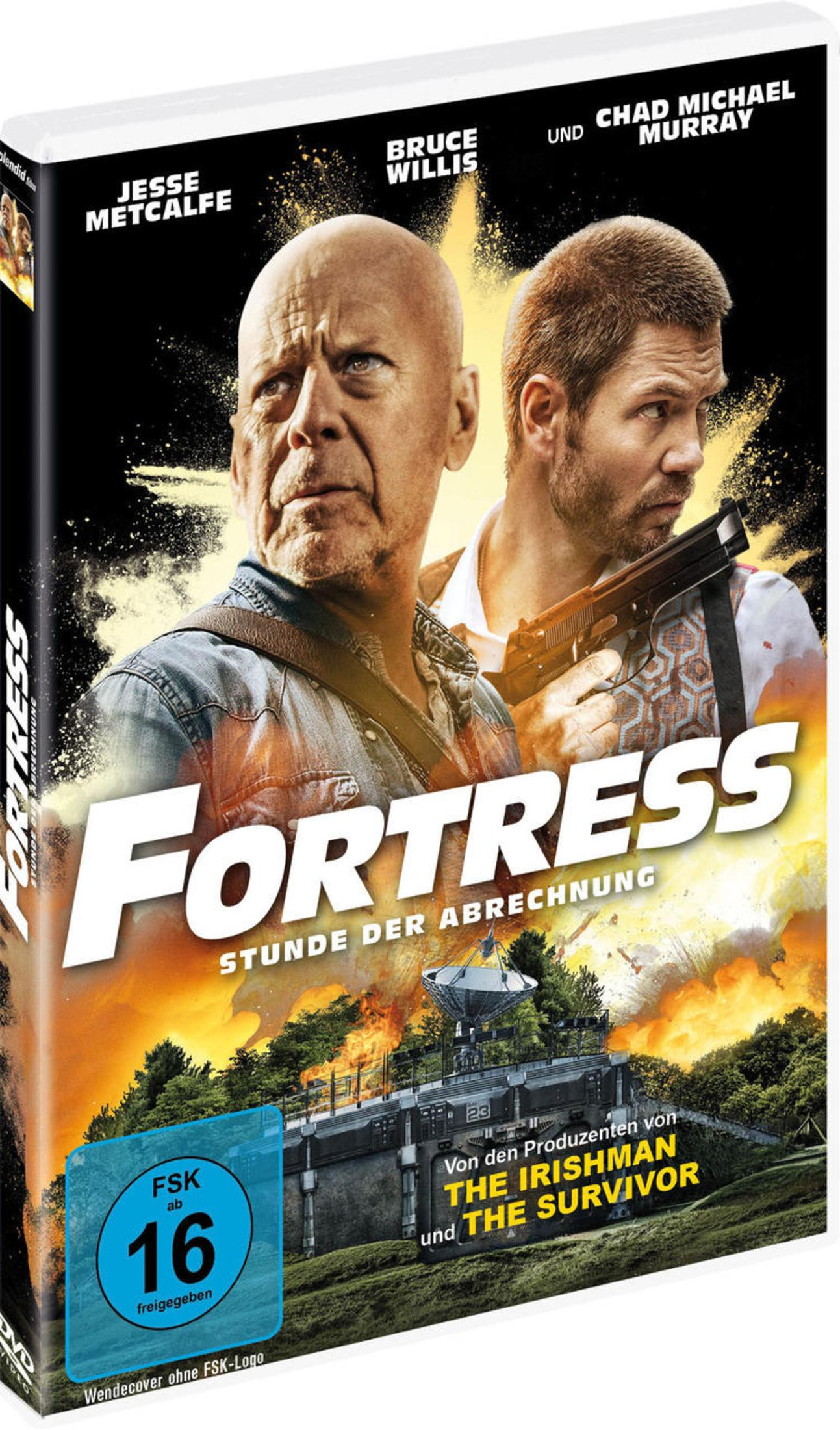 DVD-Cover des Actionfilms Fortress mit Bruce Willis und Chad Michael Murray vor einer brennenden Anlage.