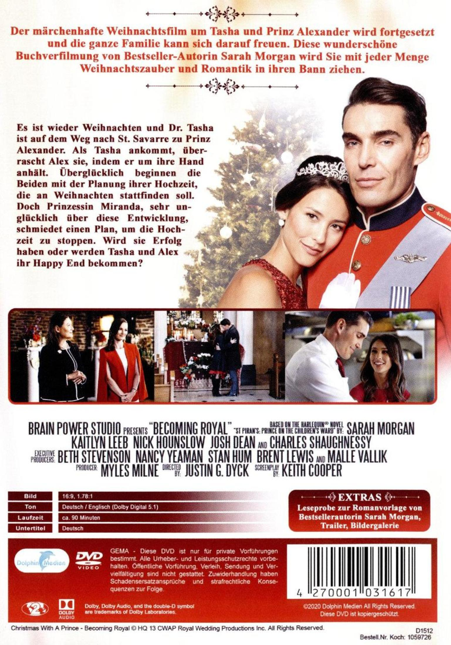 DVD-Cover des Weihnachtsfilms "Becoming Royal" mit Prinzenpaar und Szenenbildern.