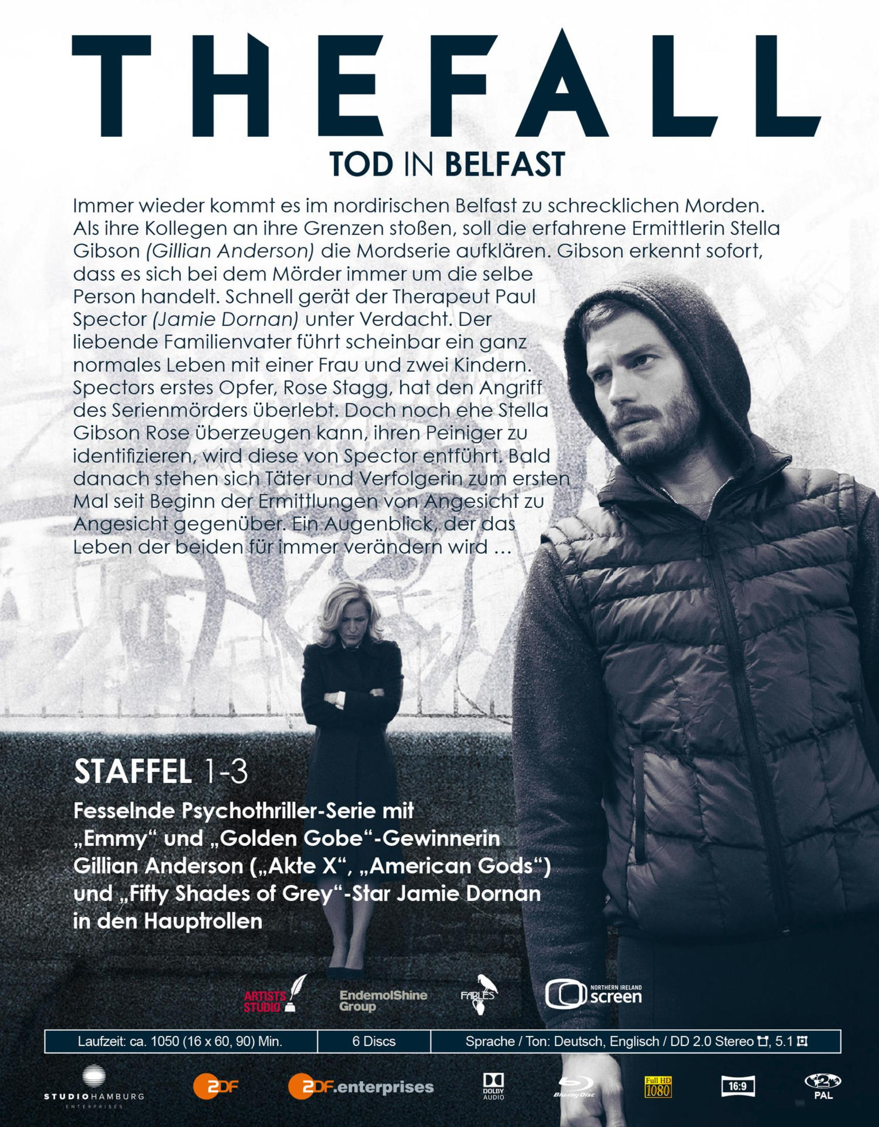 Plakat für The Fall mit Jamie Dornan und Gillian Anderson vor einer strukturierten Wand.