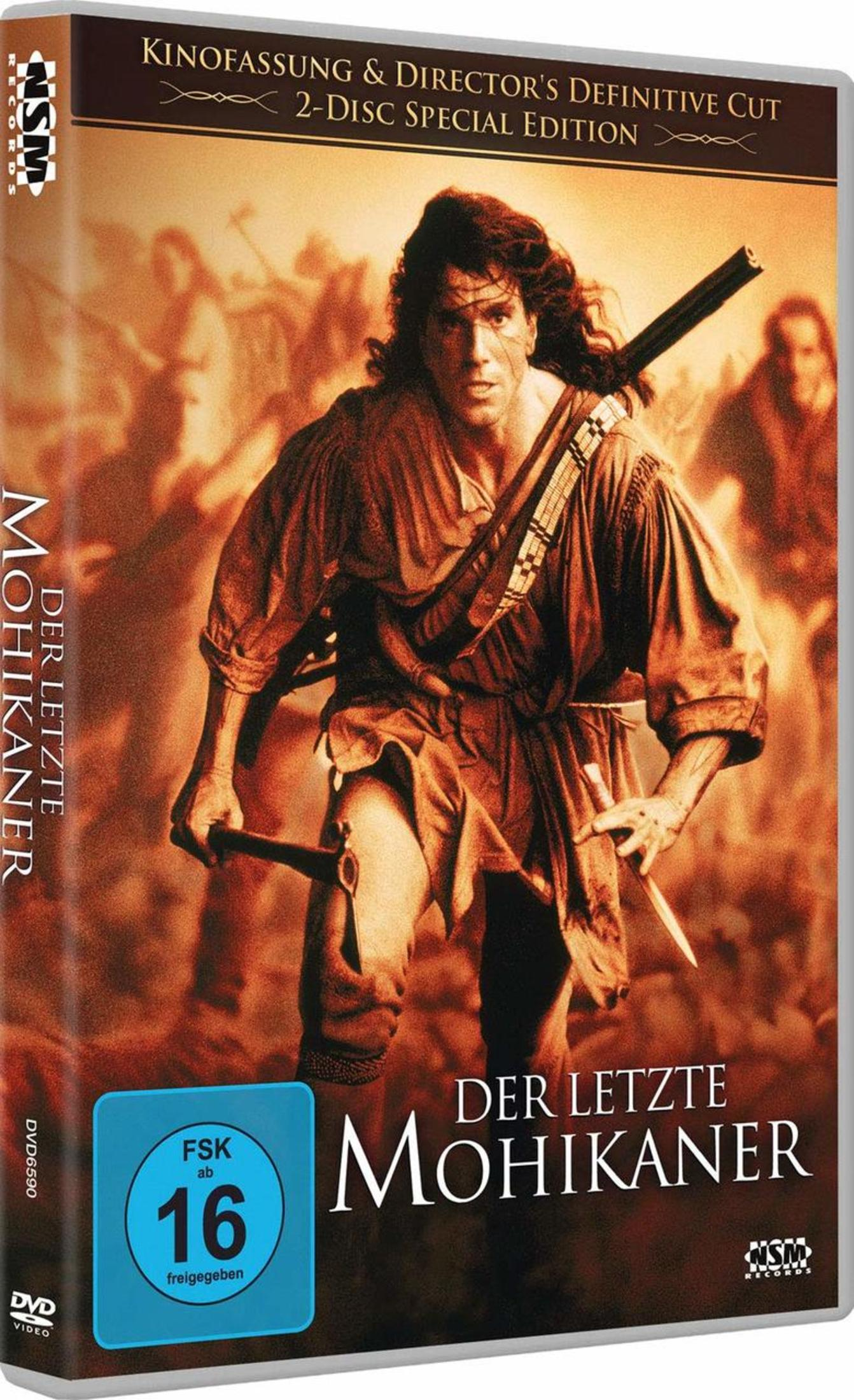 DVD-Cover von Der Letzte Mohikaner mit Daniel Day-Lewis in der Hauptrolle als bewaffneter Krieger.