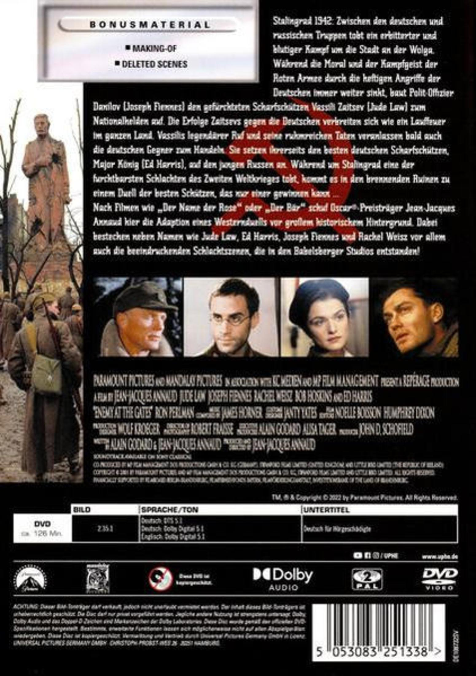 Rückseite der DVD-Hülle des Films Duell - Enemy at the Gates mit Text, Bildern und Credits.