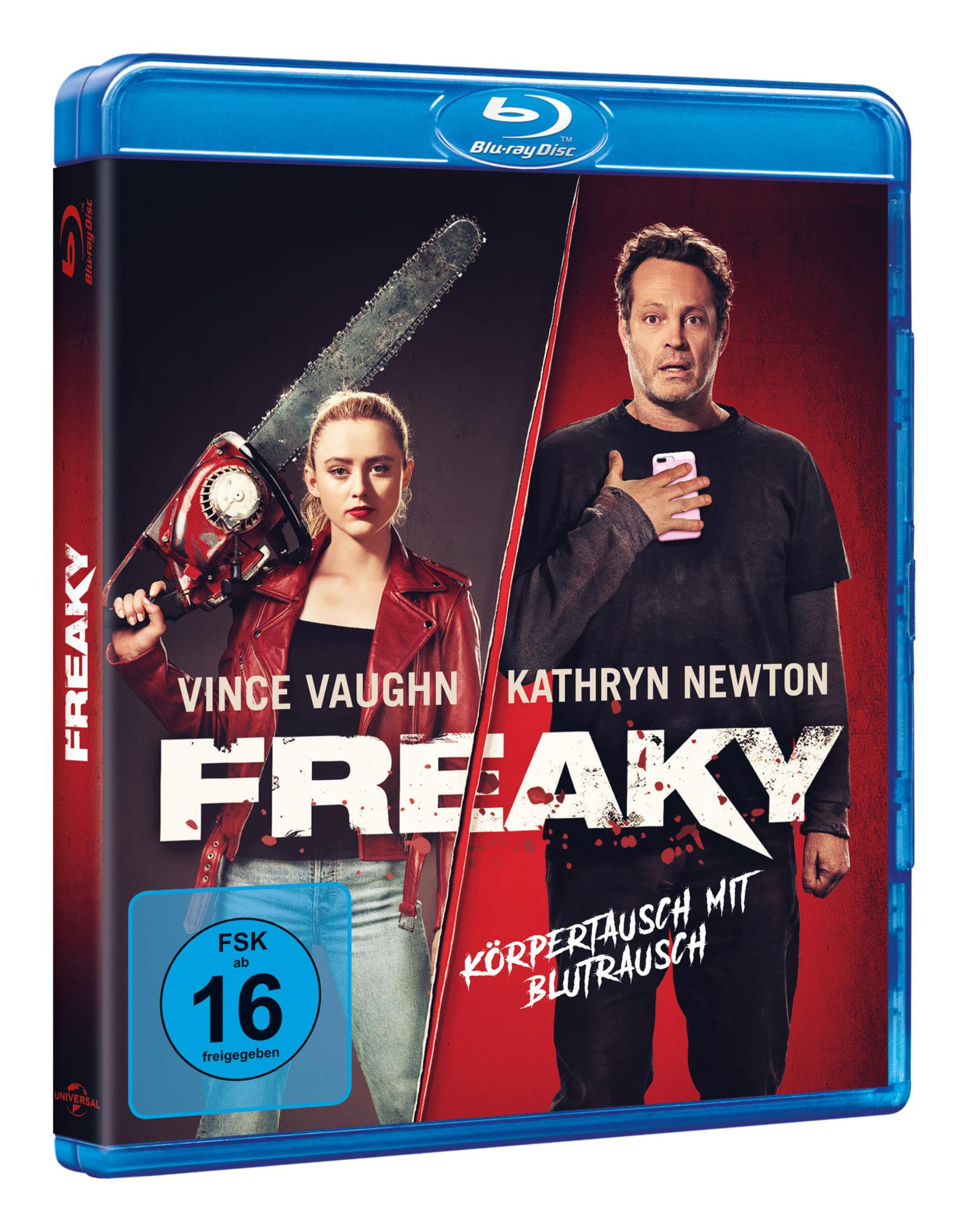 Freaky Blu-ray-Hülle mit Vince Vaughn und Kathryn Newton, die eine Kettensäge hält.