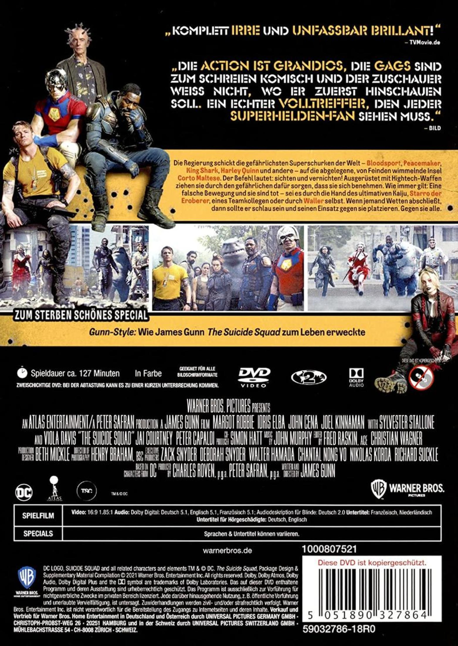 Rückseite der DVD-Hülle von The Suicide Squad mit Filmplakat, Charakterfotos, Beschreibung und technischen Details.