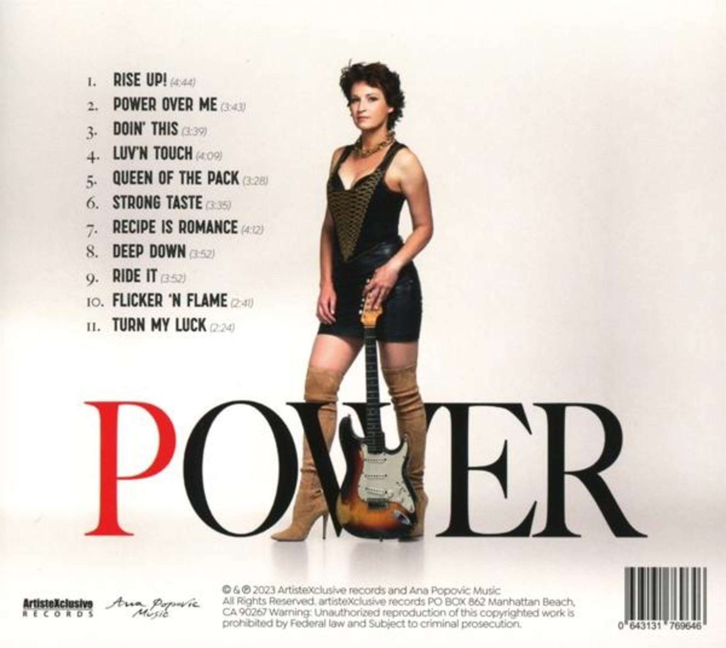 Copertina dell'album. Donna con chitarra, stivali, top nero e gonna. Titolo: POWER.