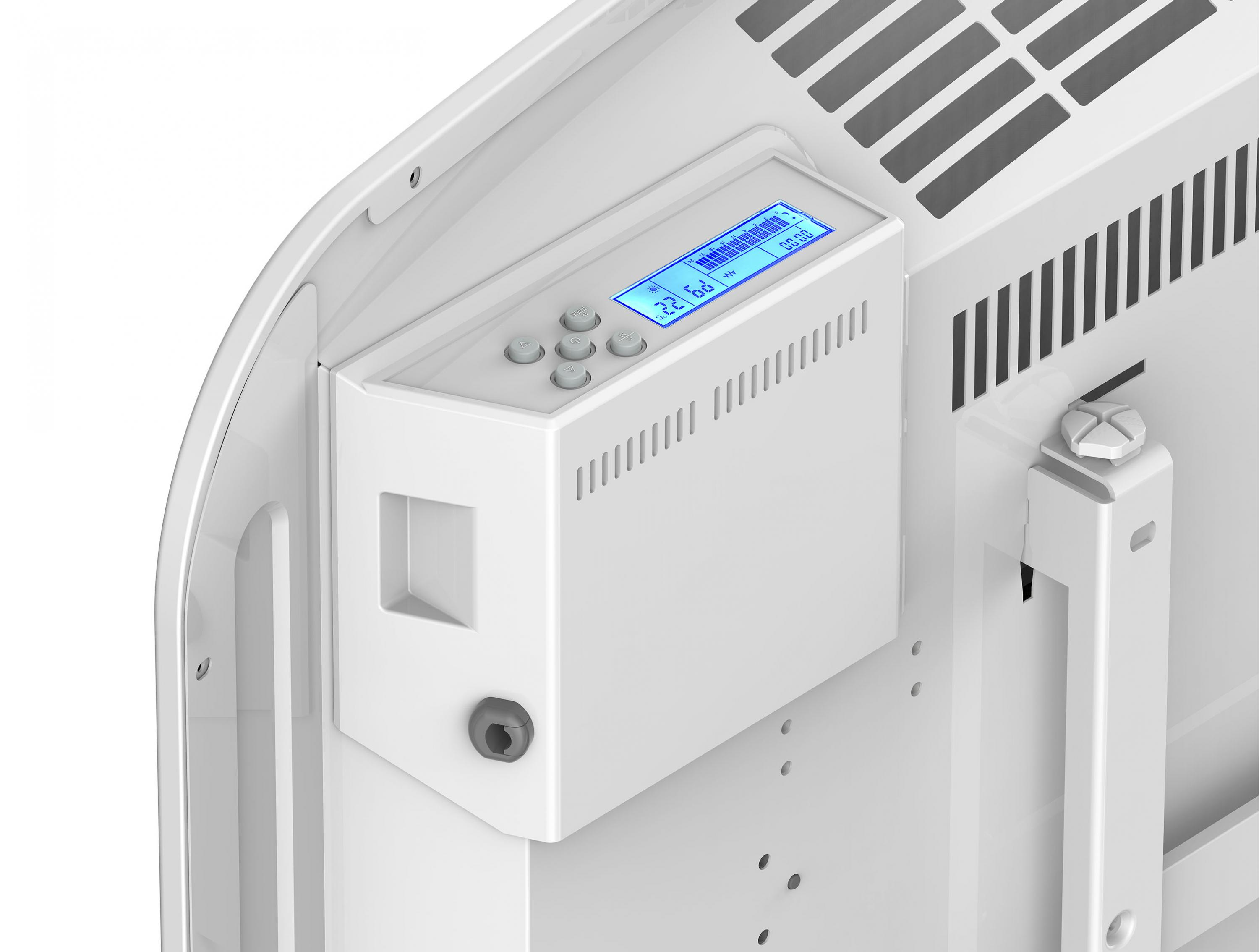 Primer plano de un panel de control blanco con botones y una pantalla digital en un dispositivo blanco.