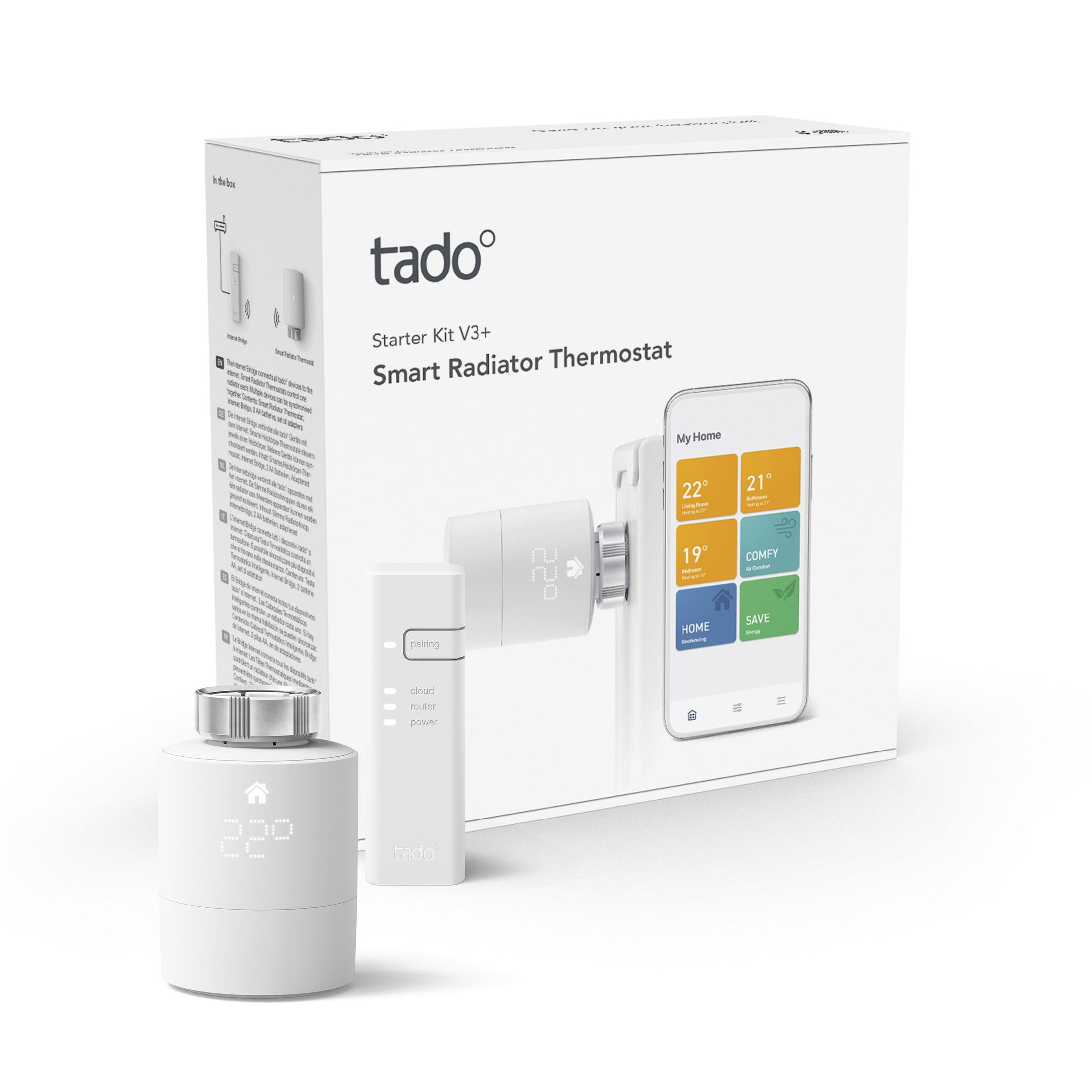 Tado Smart Thermostat-Kit, mit Heizkörperventil, Hub und Smartphone-Anzeige.