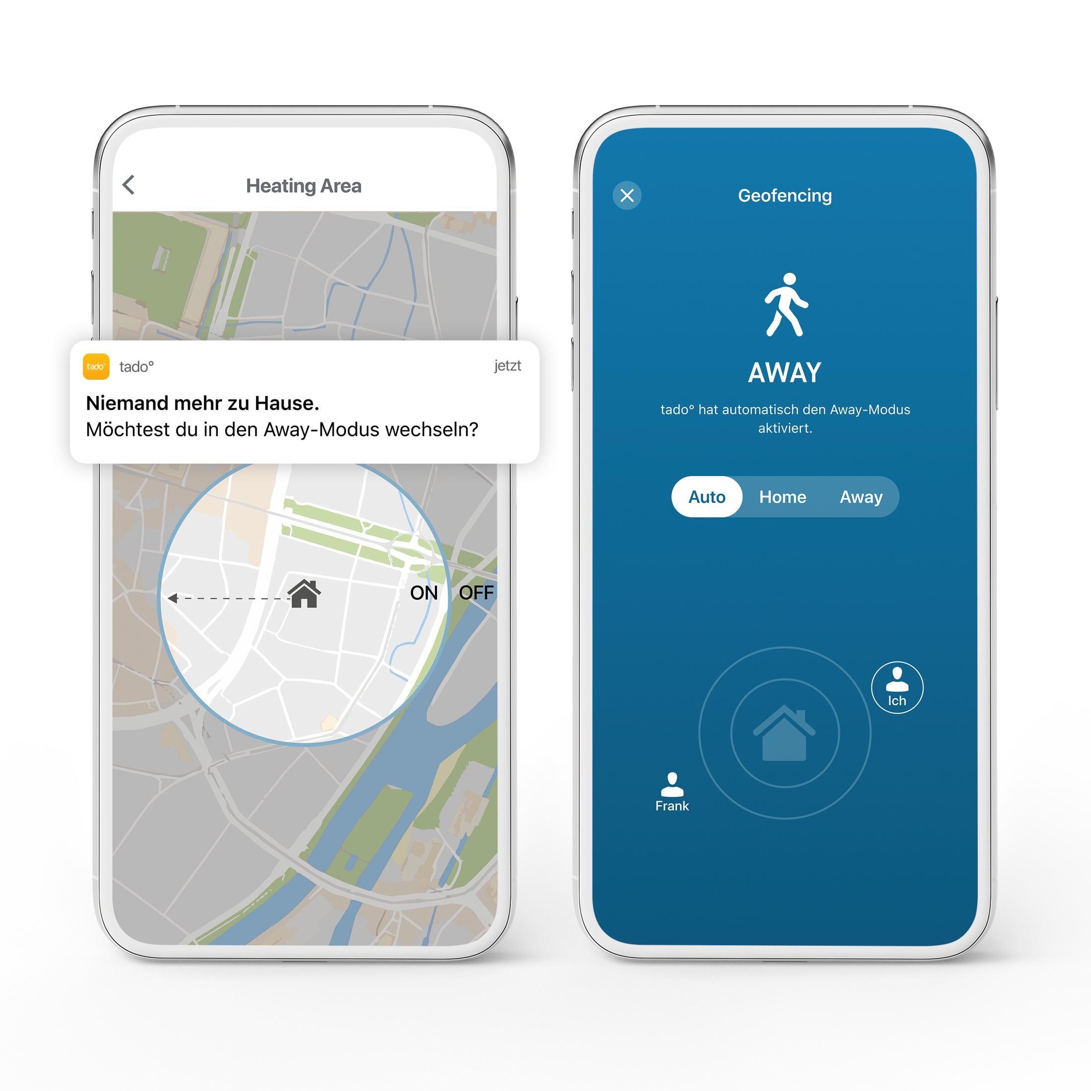 Zwei Telefone mit Smart Home App-Oberflächen. Eines zeigt eine Karte, das andere eine „Abwesend“-Einstellung.