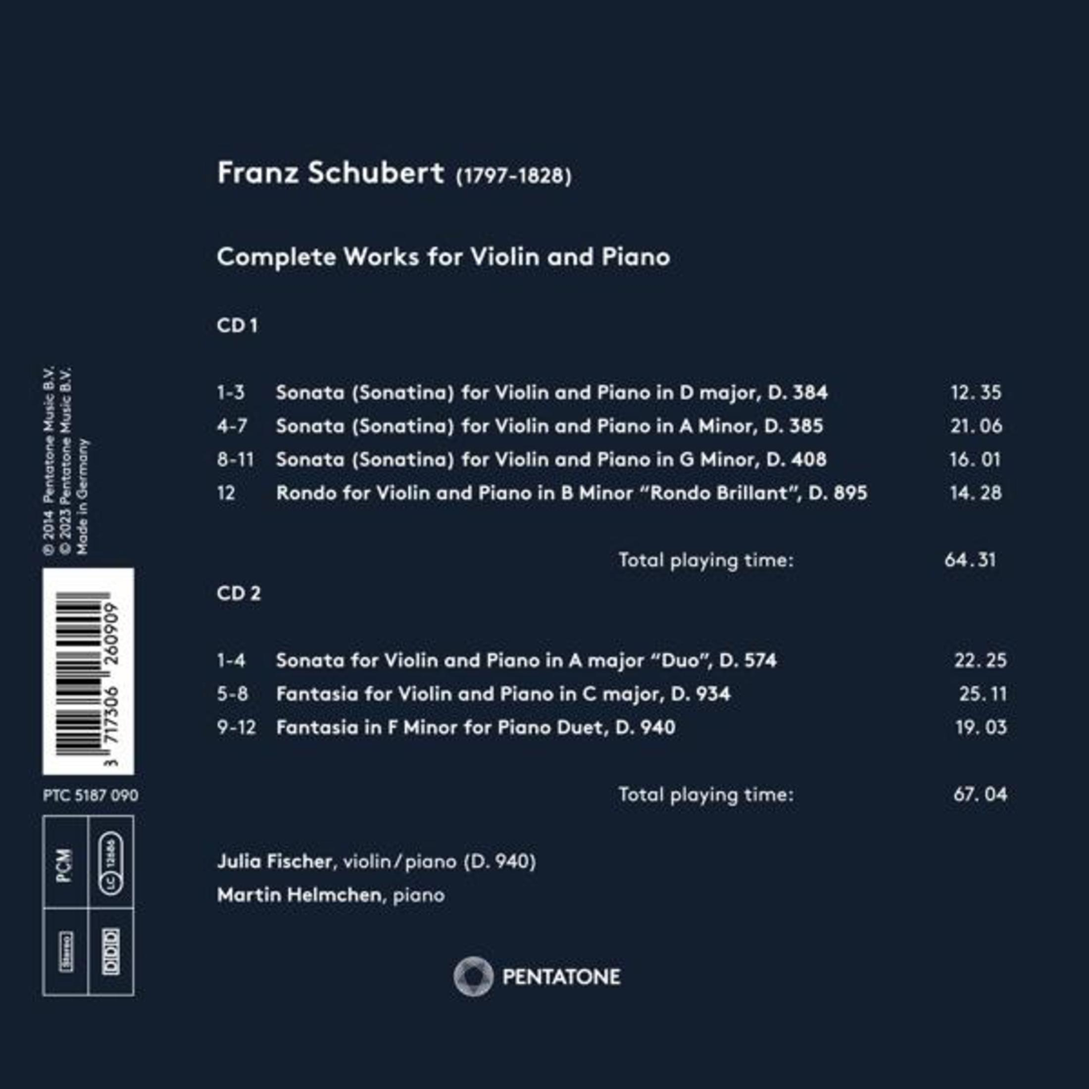 Copertina del CD. Testo: Franz Schubert, Opere complete per violino e pianoforte. Scalette CD1 e CD2.