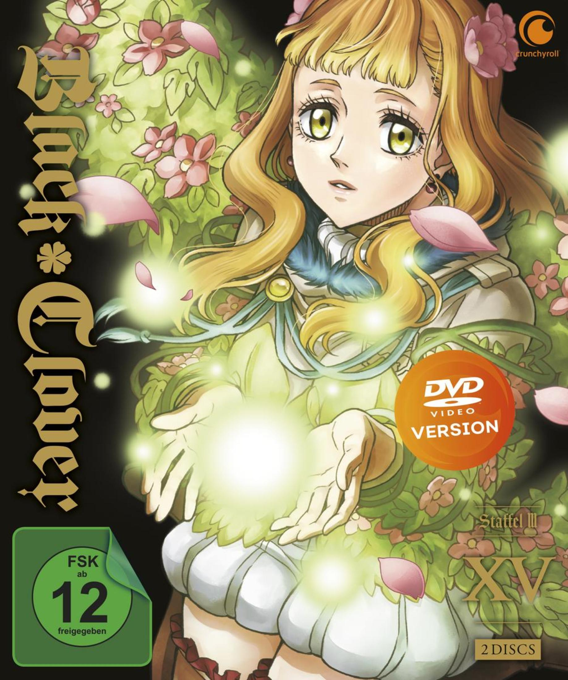 Anime-DVD-Cover. Blondes Mädchen mit Blumen, Titel 'Black Clover'.