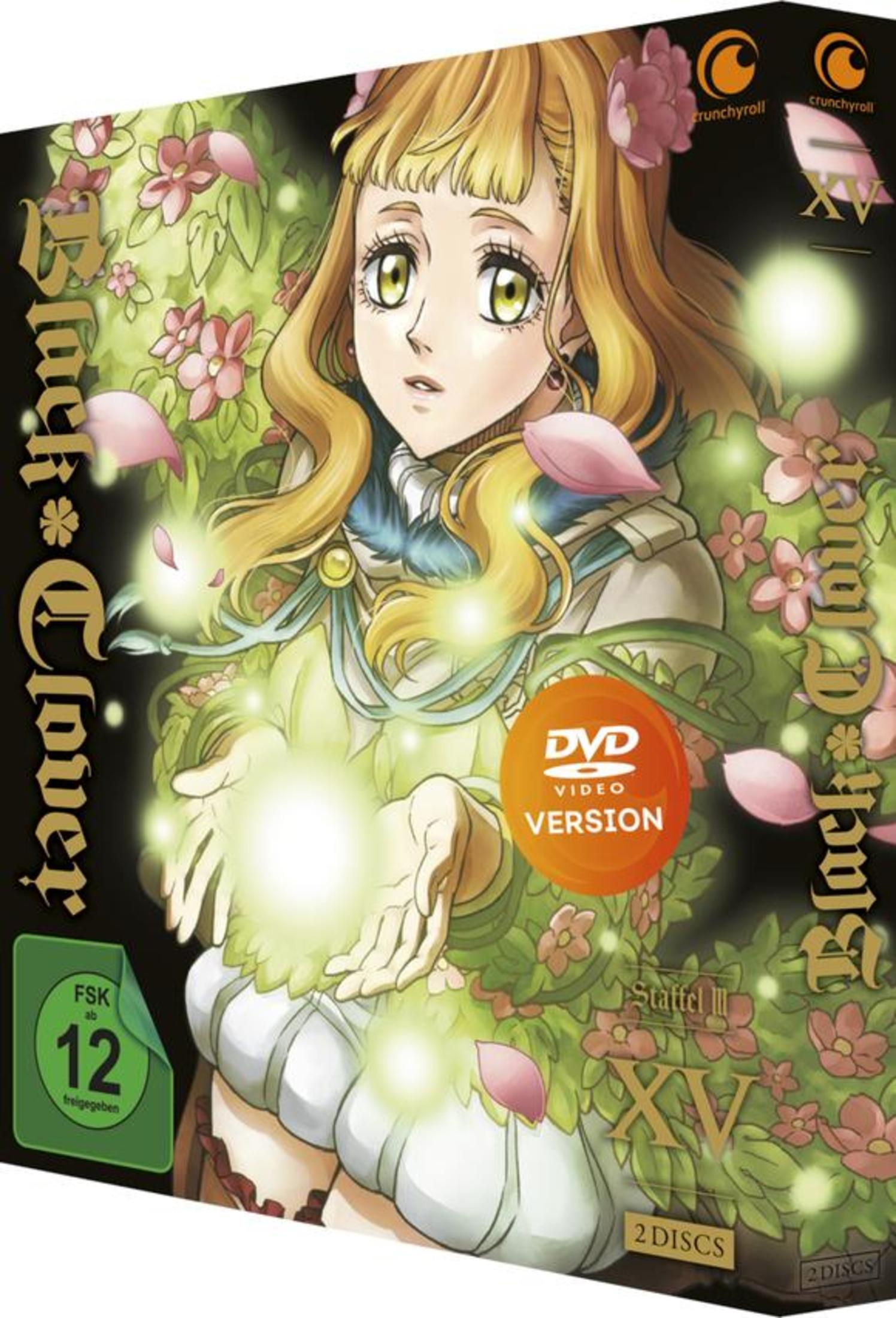 DVD-Box-Art für Black Clover: Staffel XV. Ein weiblicher Anime-Charakter hält eine leuchtende Kugel.
