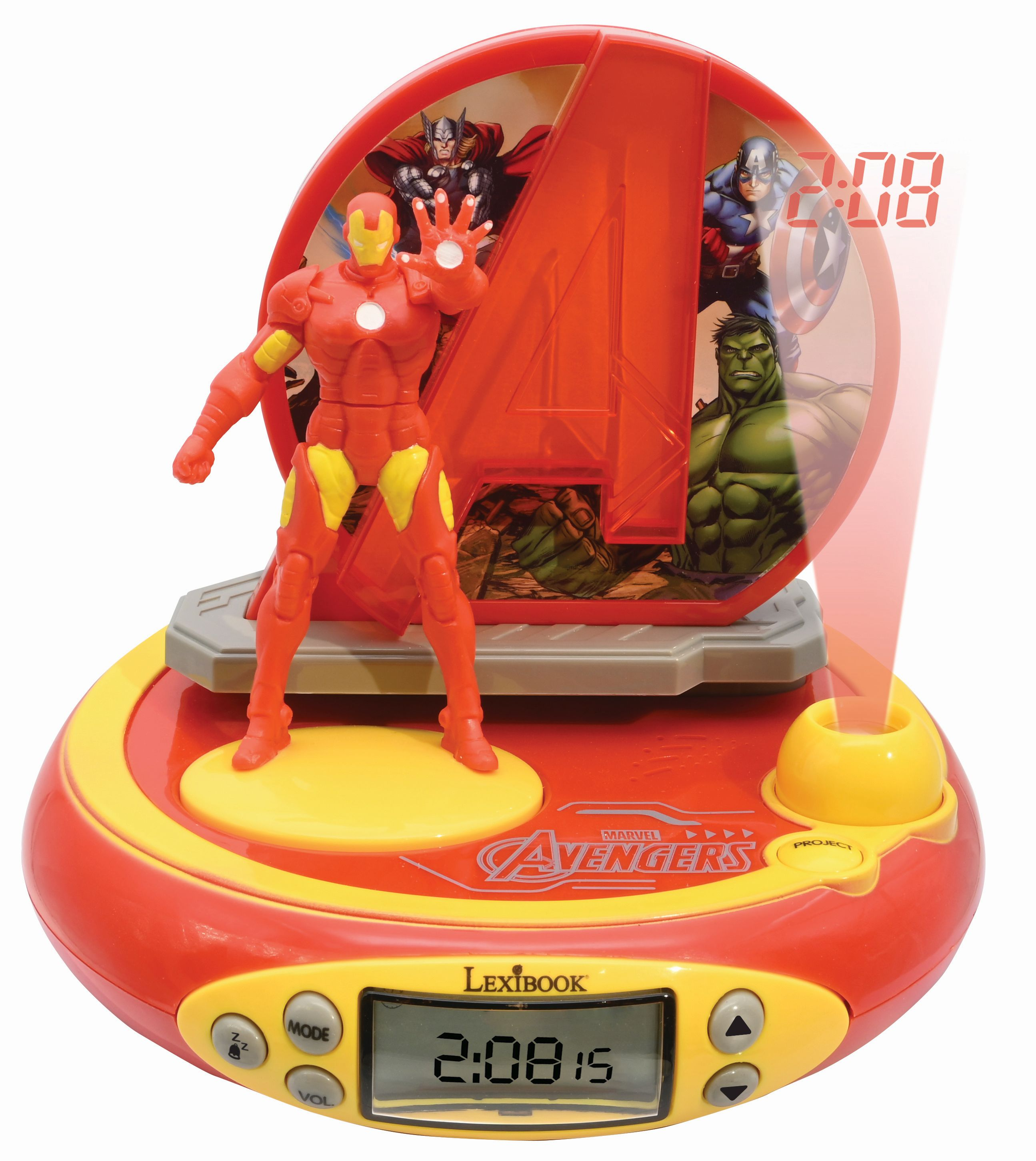 Una sveglia a tema Avengers rossa e gialla con una figura di Iron Man e display ora proiettato.