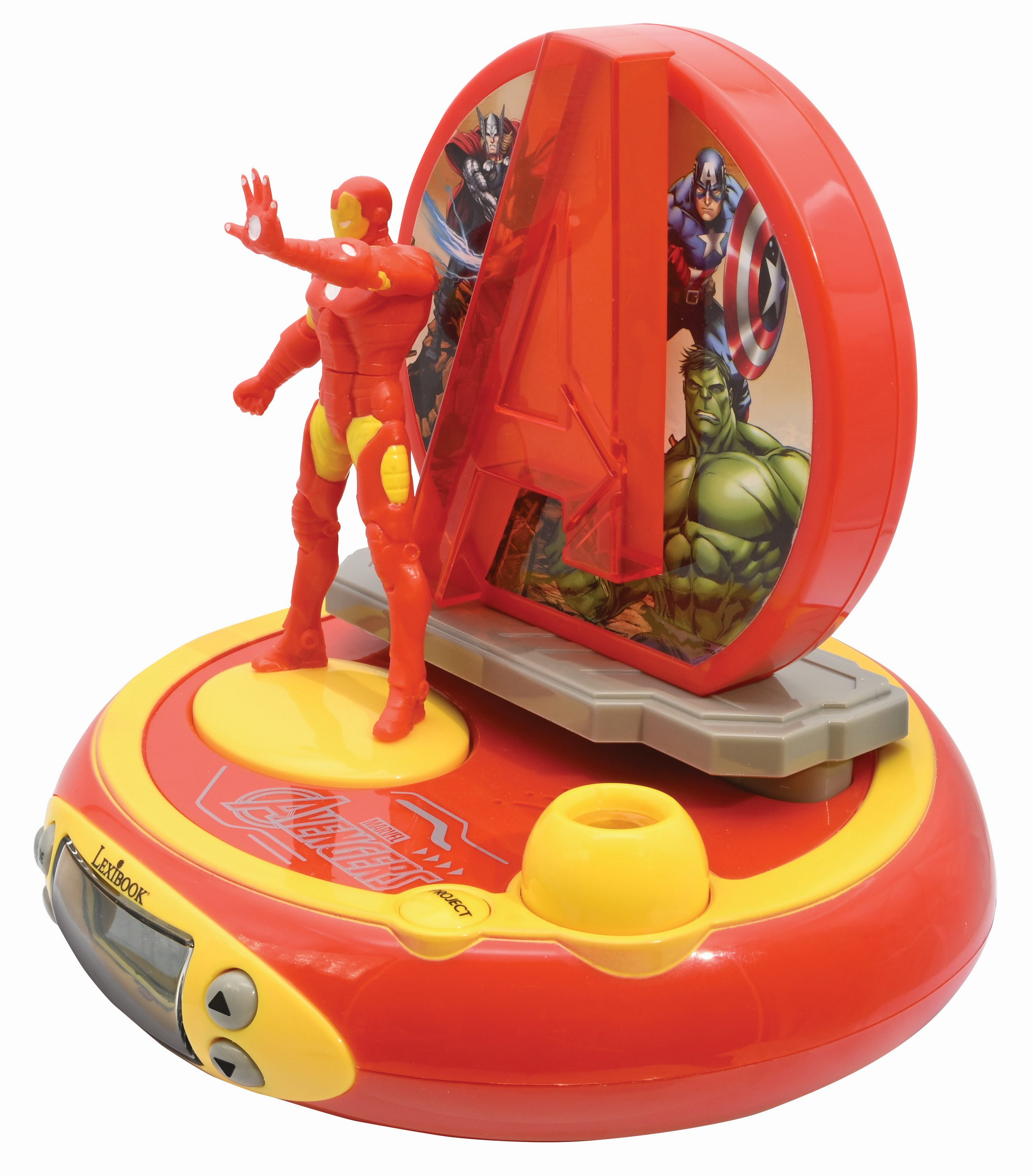 Giocattolo rosso Avengers con personaggio Iron Man e logo 'A' Avengers, base gialla e schermo.