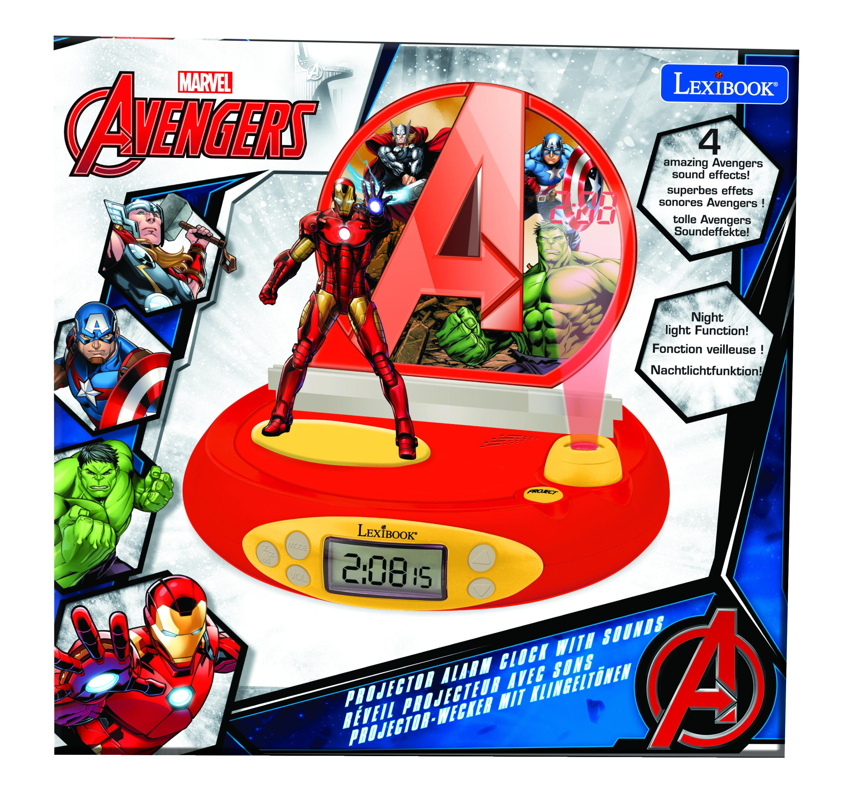 Sveglia Avengers con personaggi di Iron Man e Avengers. Rosso e giallo.