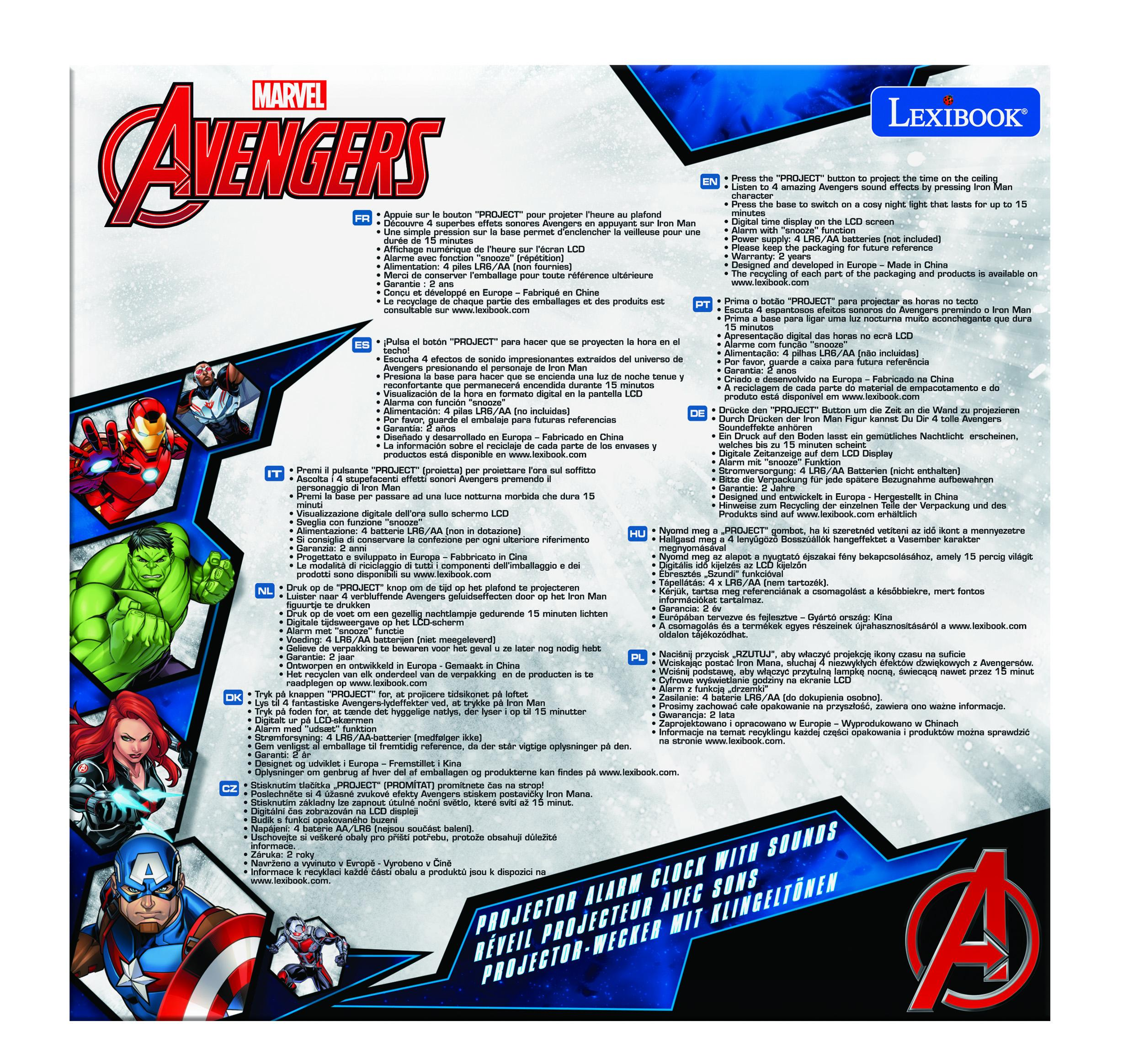 Sveglia con proiettore Marvel Avengers con dettagli su una scatola. Sfondo bianco.