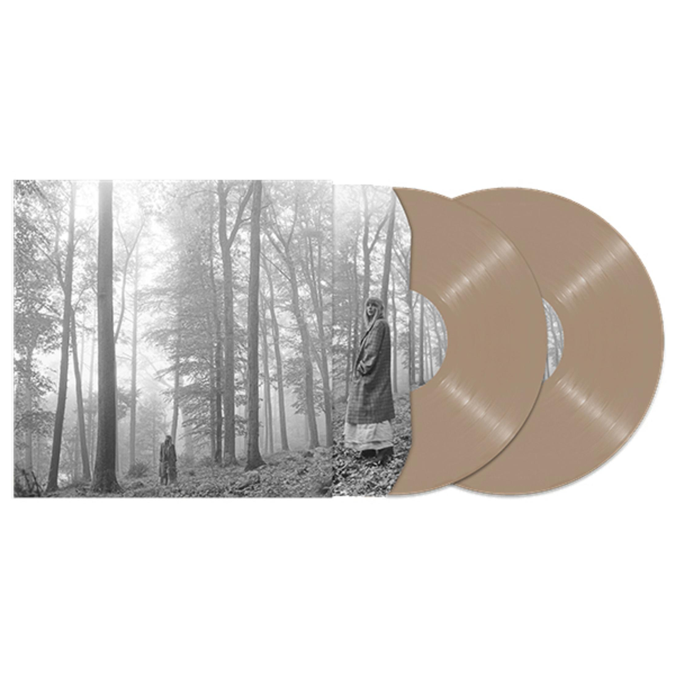 Vinyl albumhoes, twee bruine platen, een boslandschap met mensen.