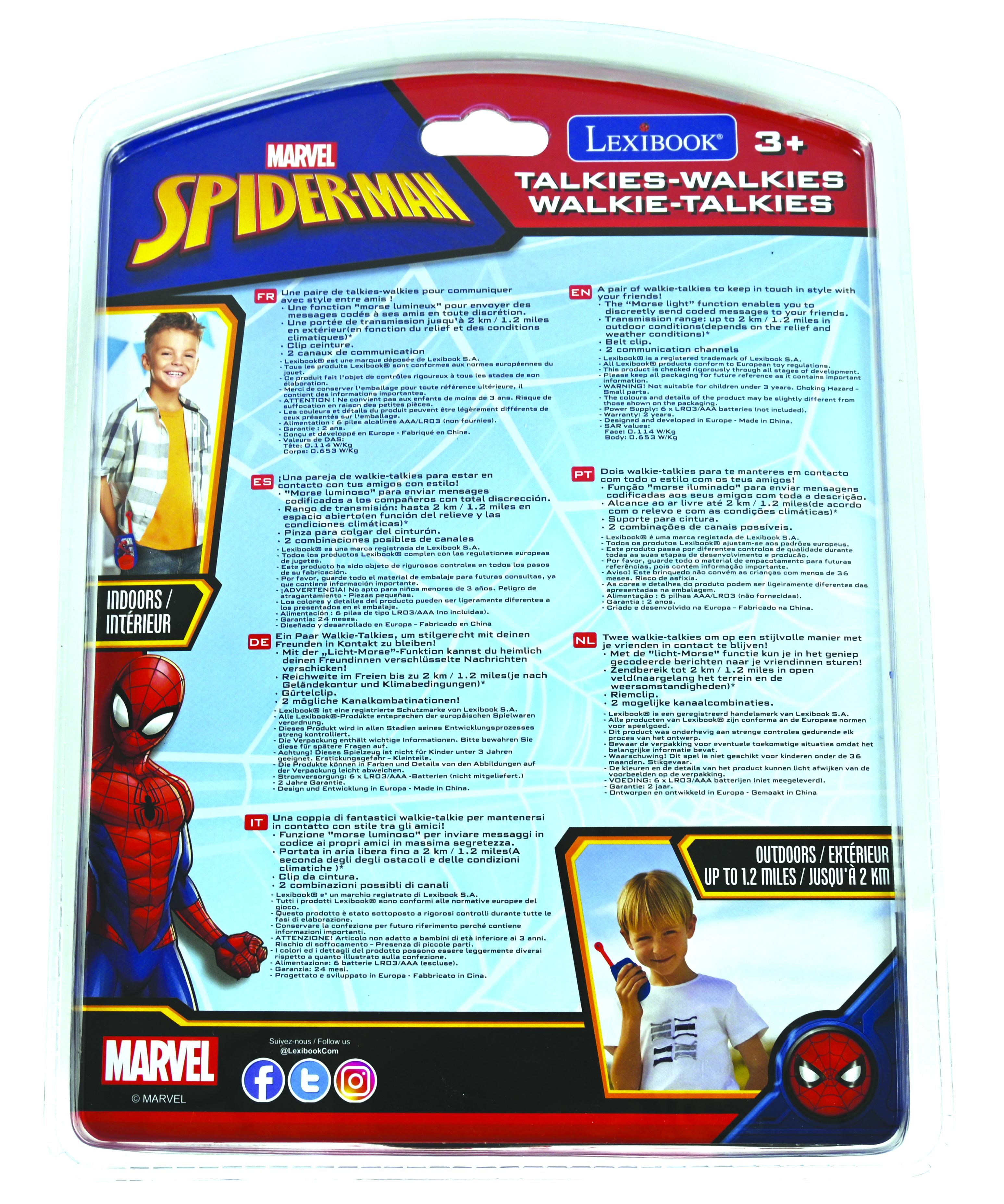 Un paquete de walkie-talkies de Spider-Man. La parte trasera muestra a Spider-Man y texto en varios idiomas.