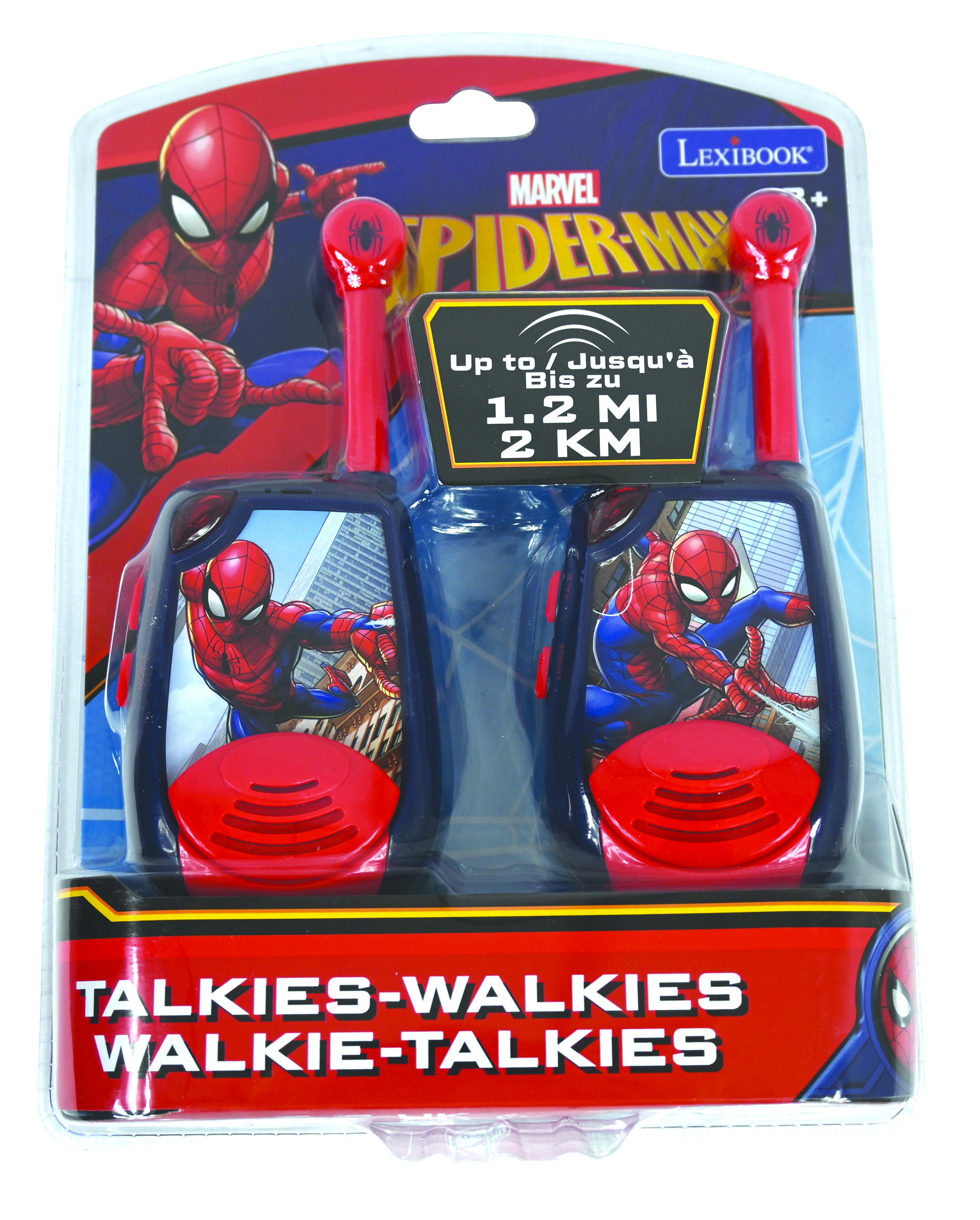 Un paquete de walkie-talkies de Spider-Man, con imágenes de Spider-Man y texto. Diseño rojo y azul.