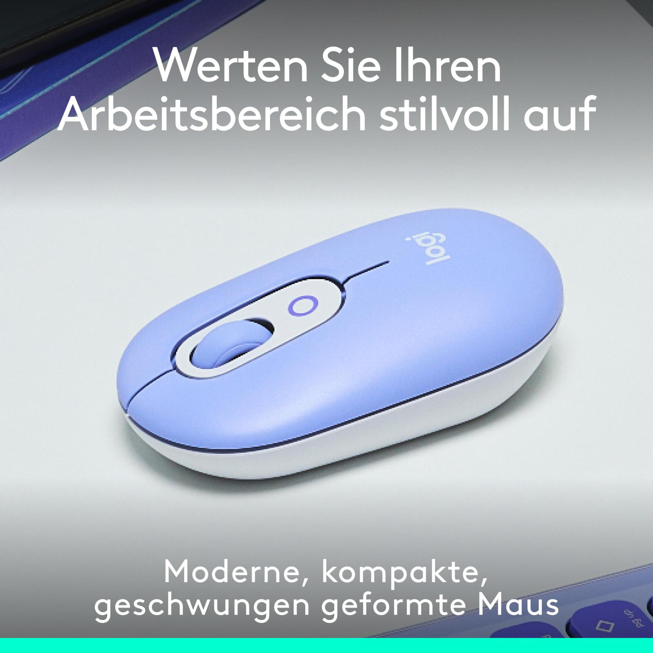 Niebiesko-biała mysz Logitech z kółkiem przewijania. Niemiecki tekst promujący mysz.