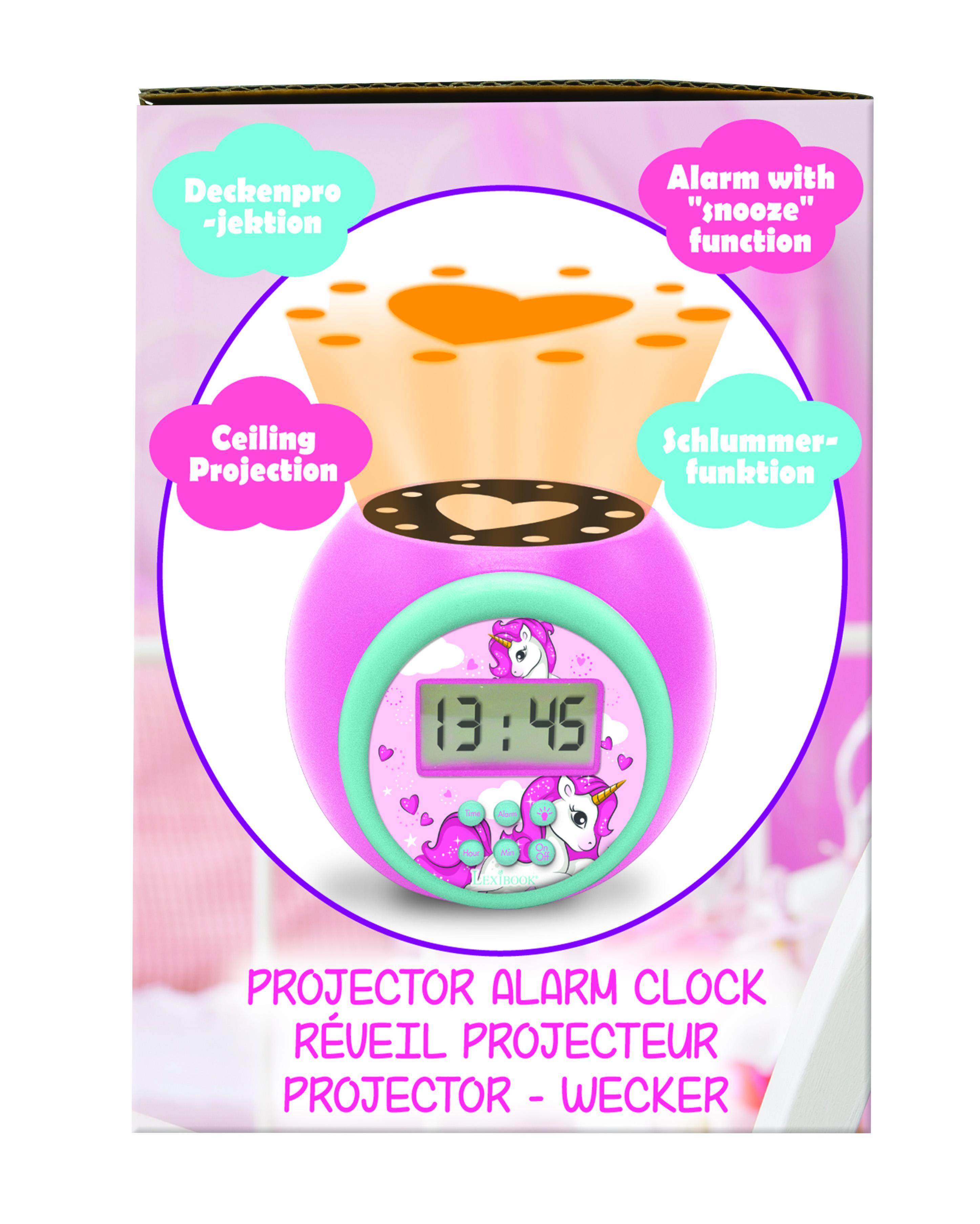 Scatola di una sveglia con proiettore. Ha un design a unicorno e mostra l'ora su uno schermo.