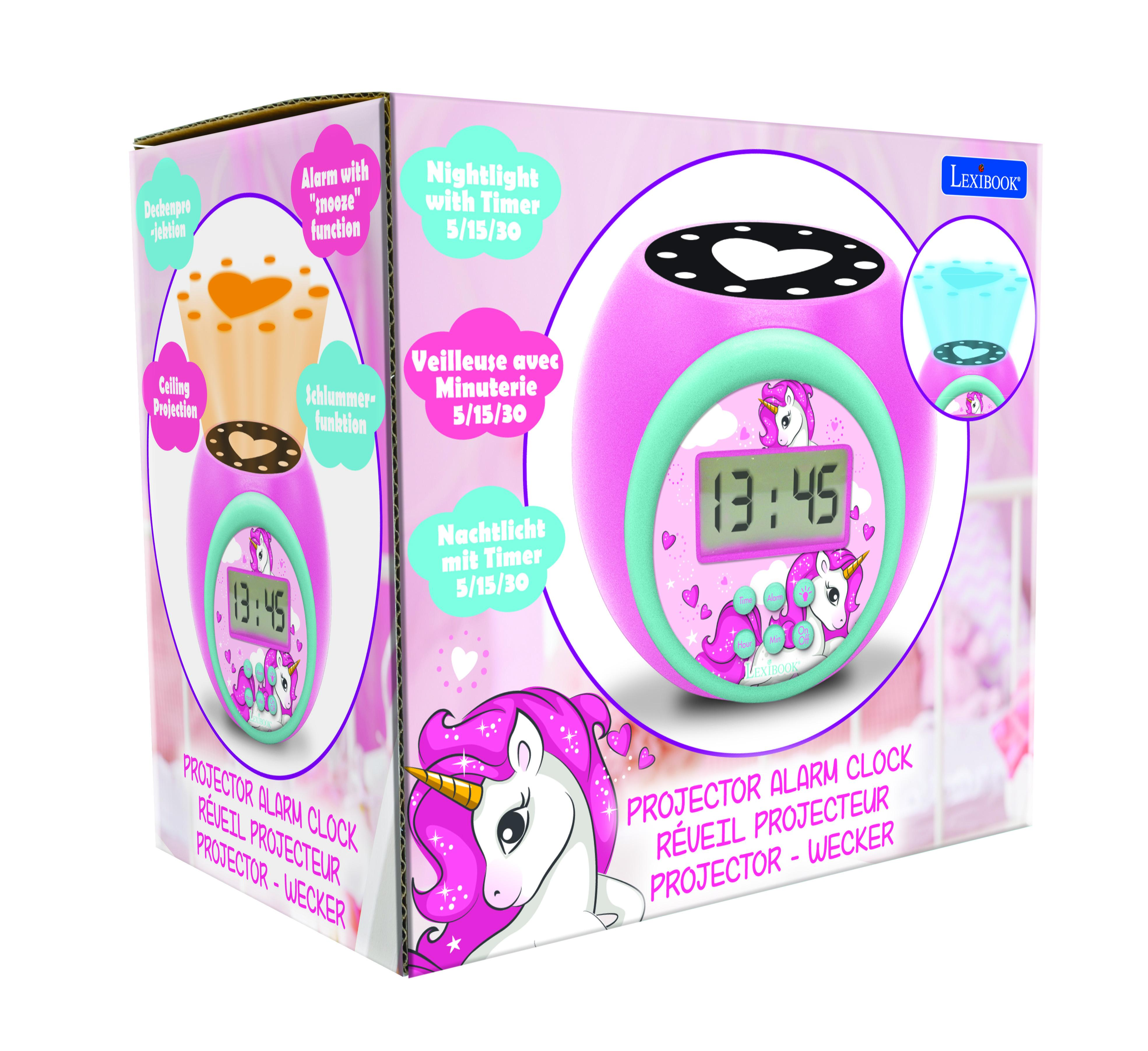 Scatola rosa dell'orologio sveglia a unicorno. Dispone di display digitale e funzione di proiezione a soffitto.