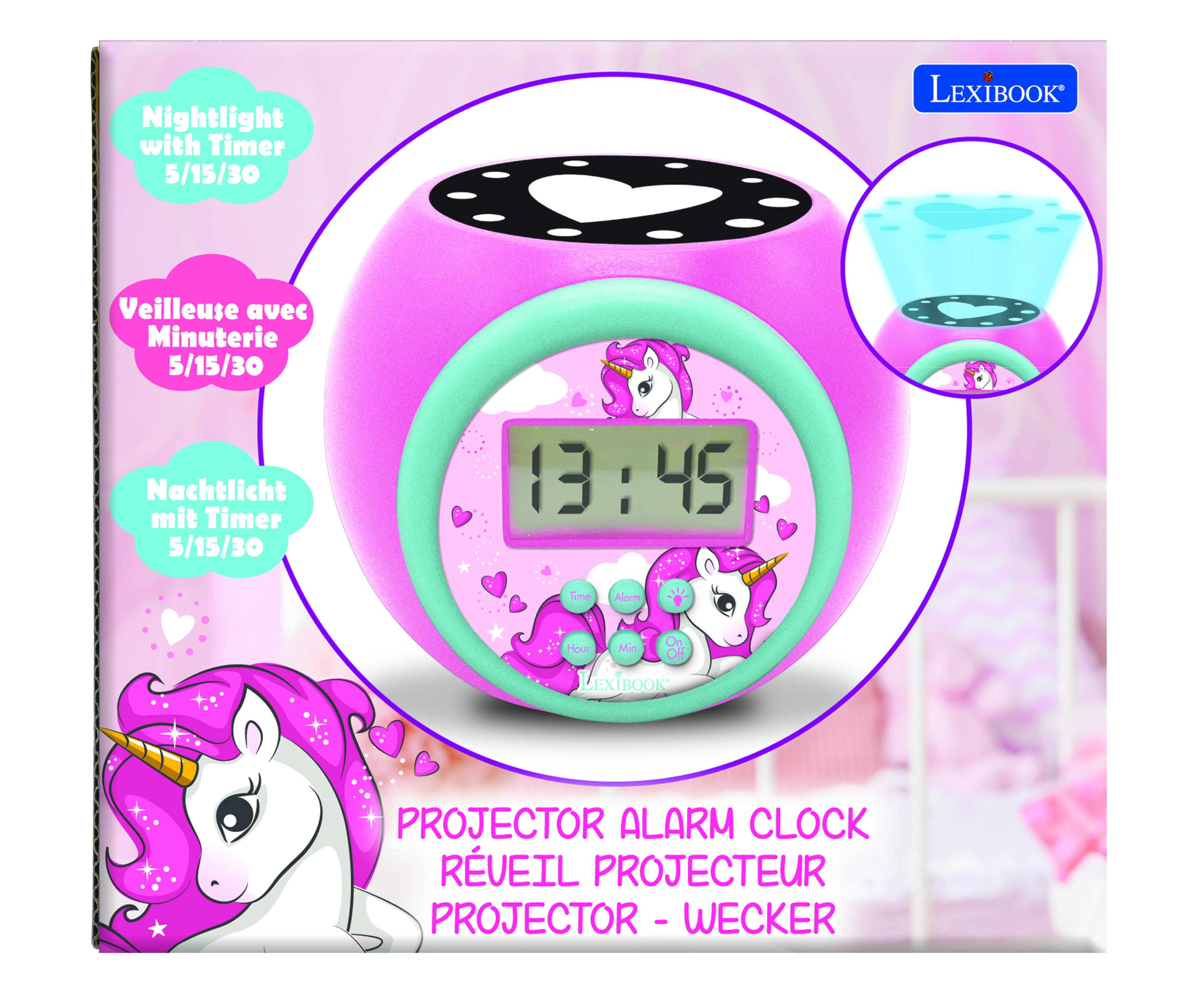 Sveglia unicorno rosa con display digitale. Con luce notturna, cuori e grafica unicorno.