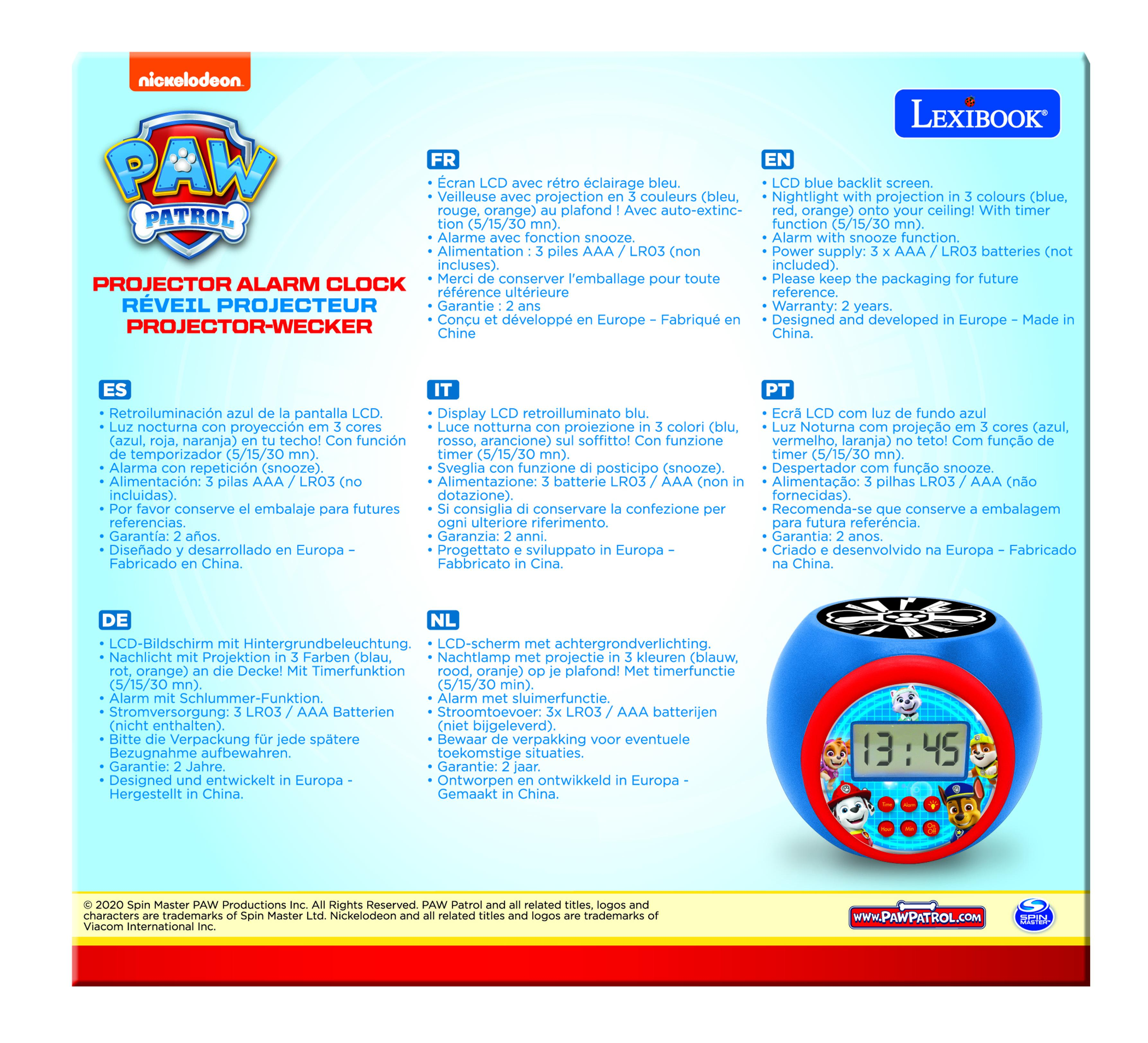 Réveil Paw Patrol avec boîtier bleu. Dispose d'un affichage numérique et de graphiques Paw Patrol.