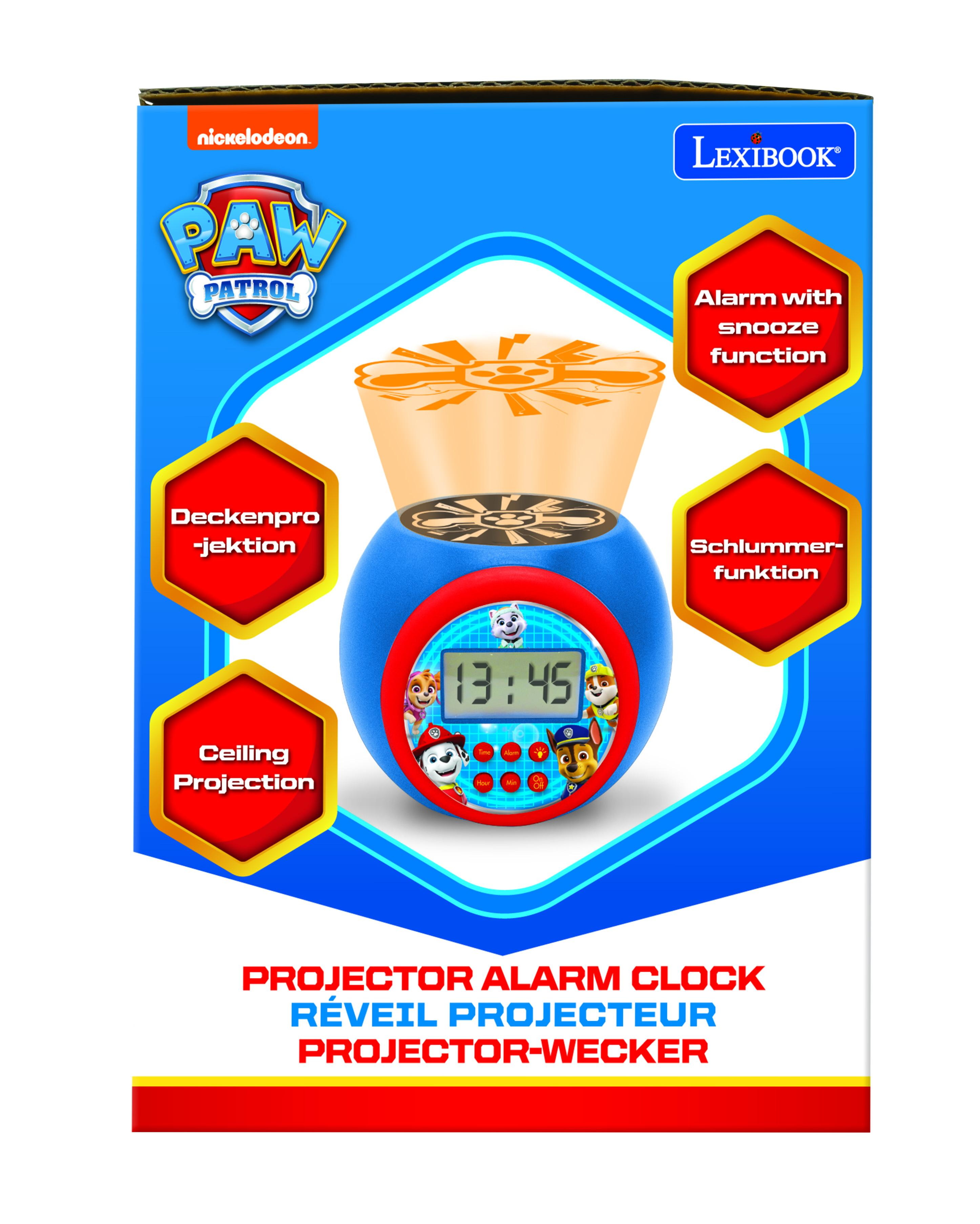 Un réveil PAW Patrol bleu avec image projetée. Le texte comprend les fonctions d'alarme et de projection au plafond.