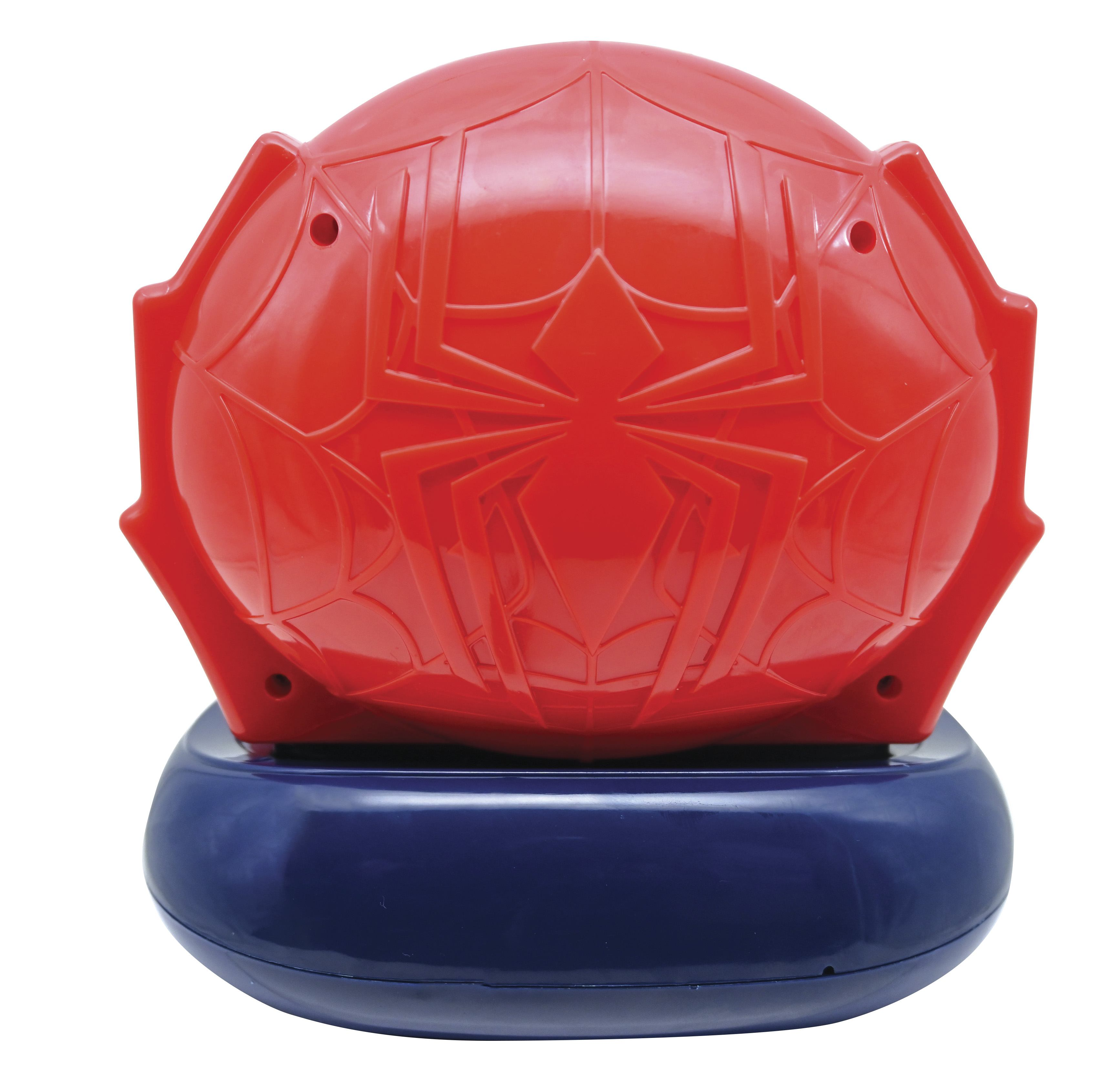 Lámpara roja con forma de Spider-Man con base azul, mostrando el diseño de telaraña.