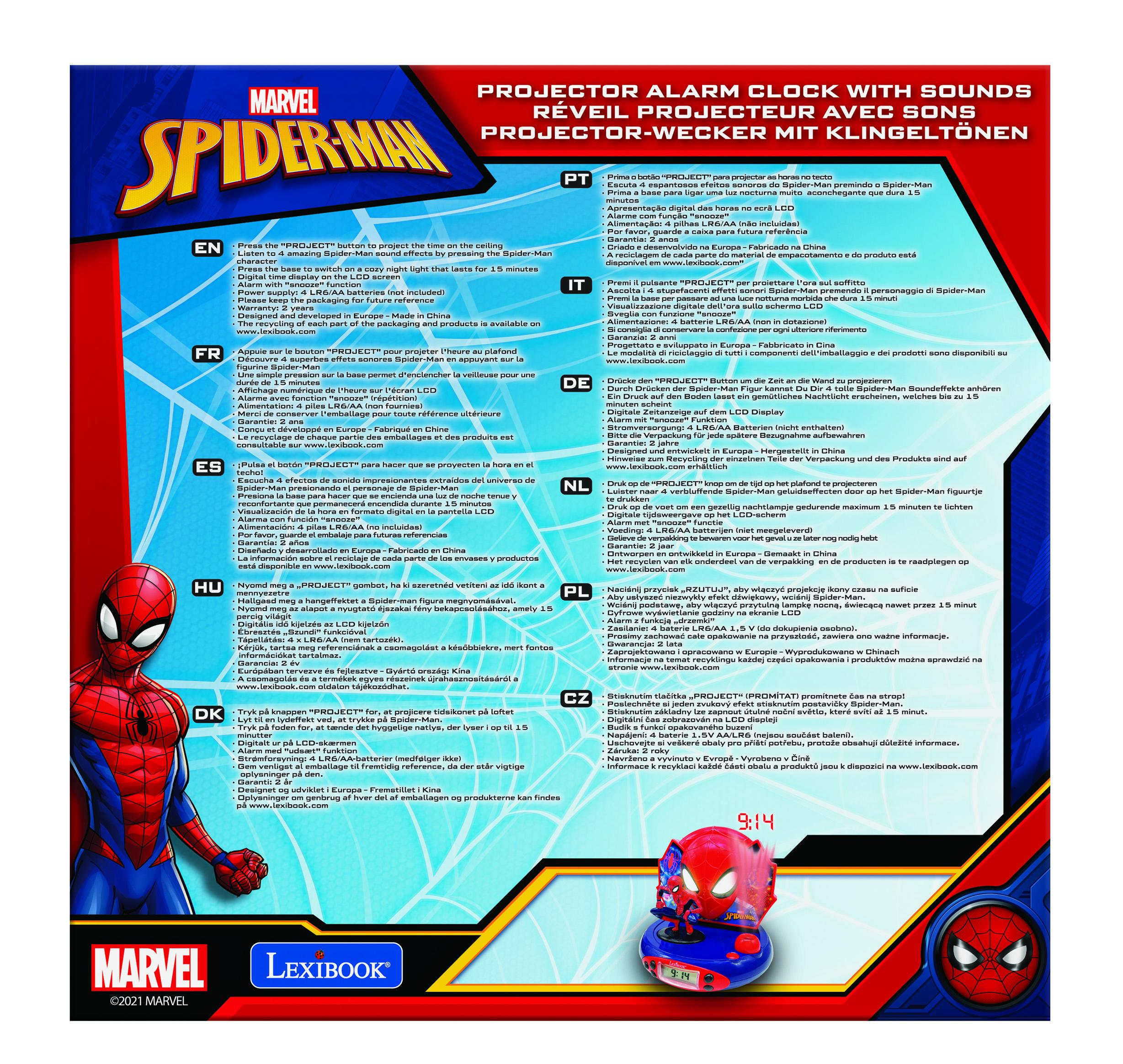 Reloj despertador proyector Spiderman con texto, imágenes coloridas y figura Spiderman.