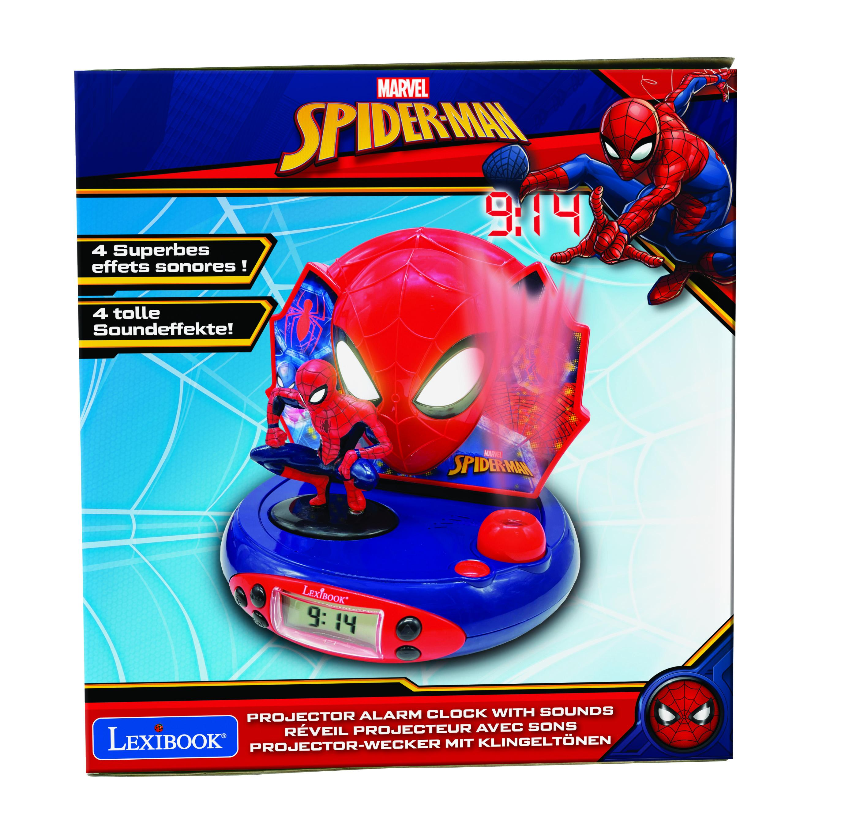 Despertador de Spider-Man en caja. Figura roja de Spider-Man en base azul con pantalla digital.