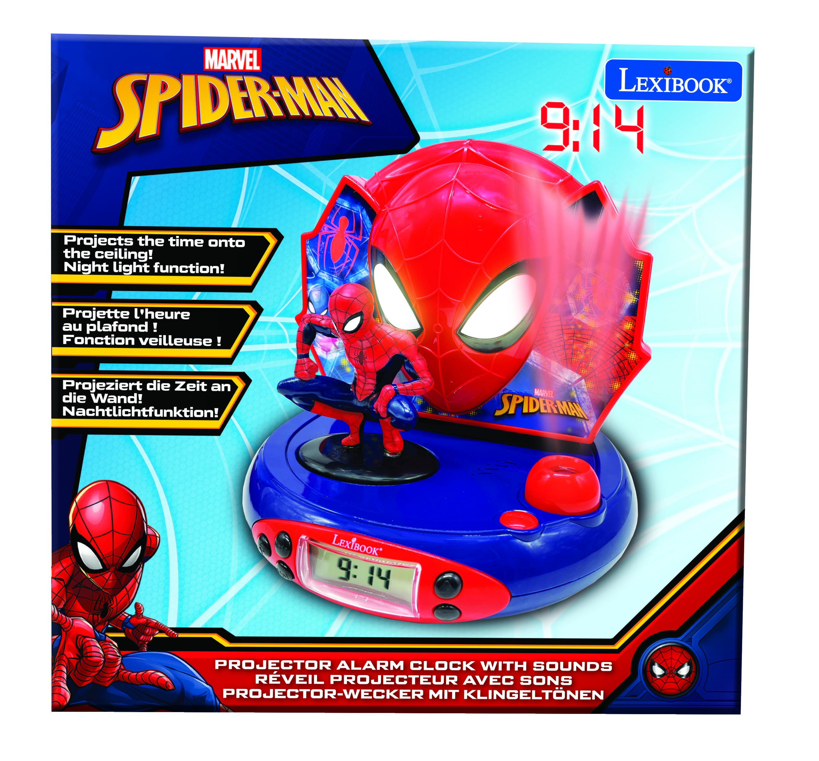 Reloj despertador de Spider-Man. Rojo y azul. Texto e imagen en la caja. Fondo blanco.