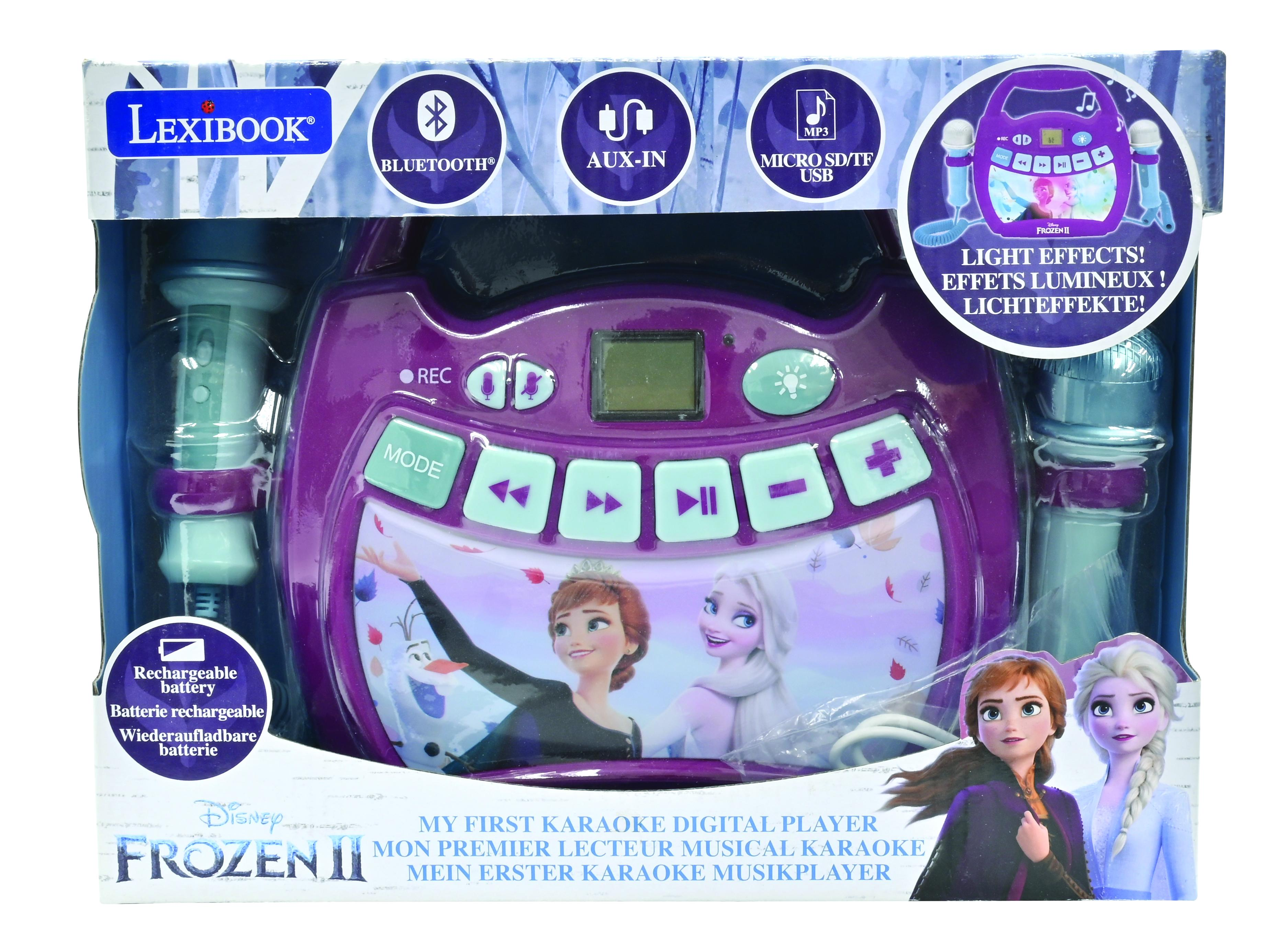 Macchina karaoke Frozen 2 in scatola. Viola, con due microfoni. Sfondo bianco.