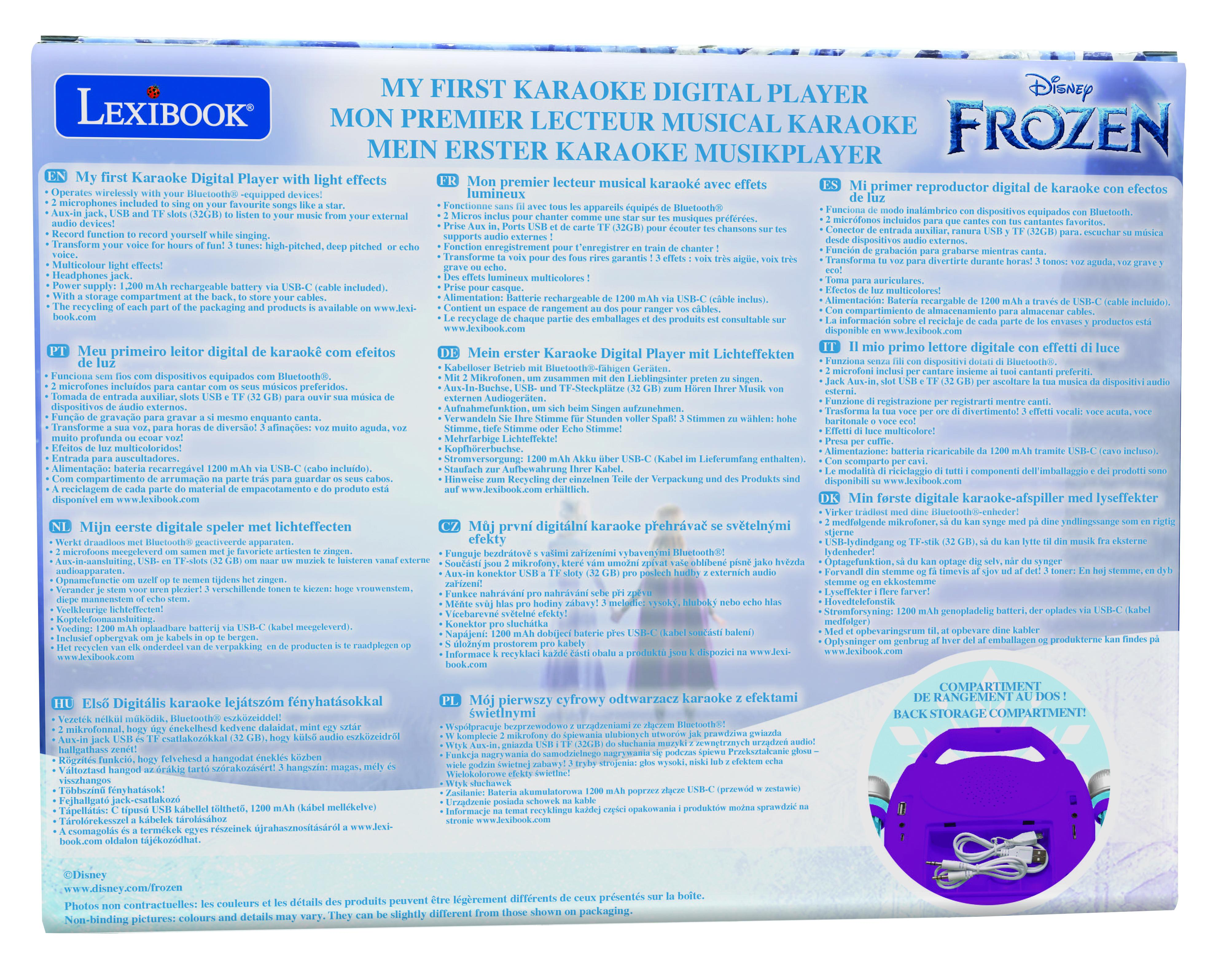 Un lettore musicale digitale Disney Frozen con testo multilingue.