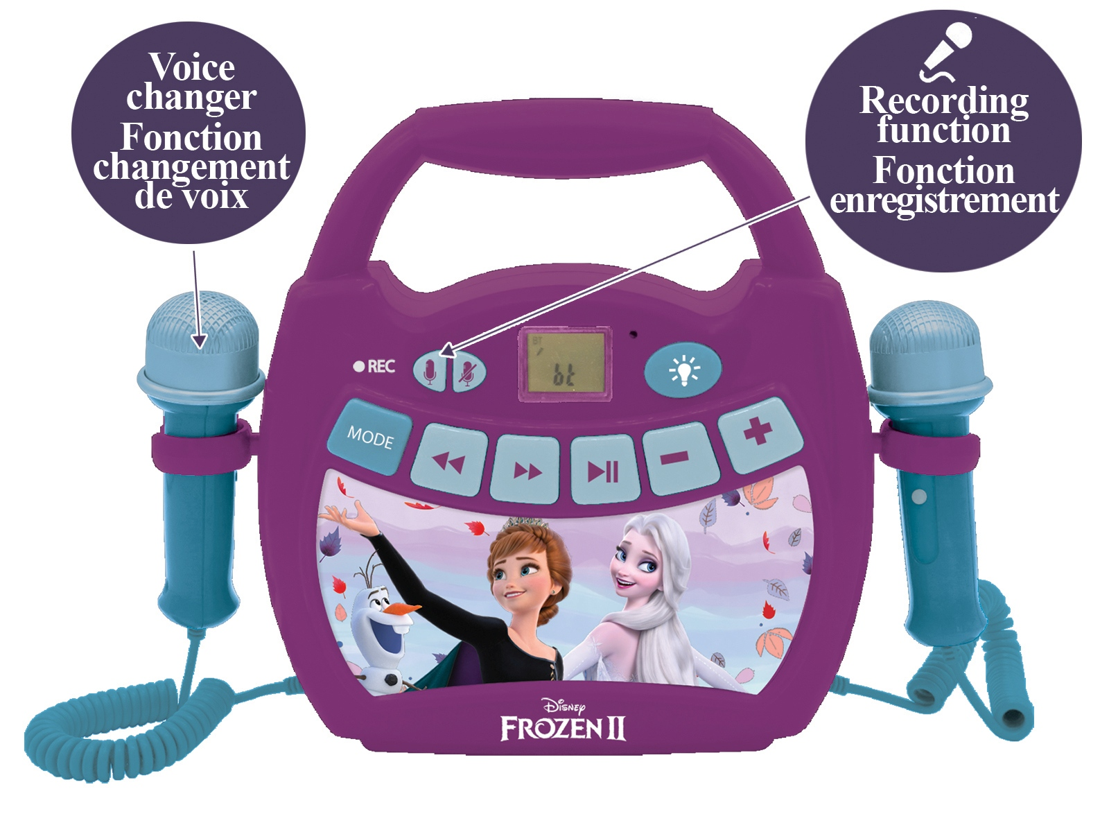 Macchina per karaoke Frozen 2 viola con microfoni ed etichette di testo.