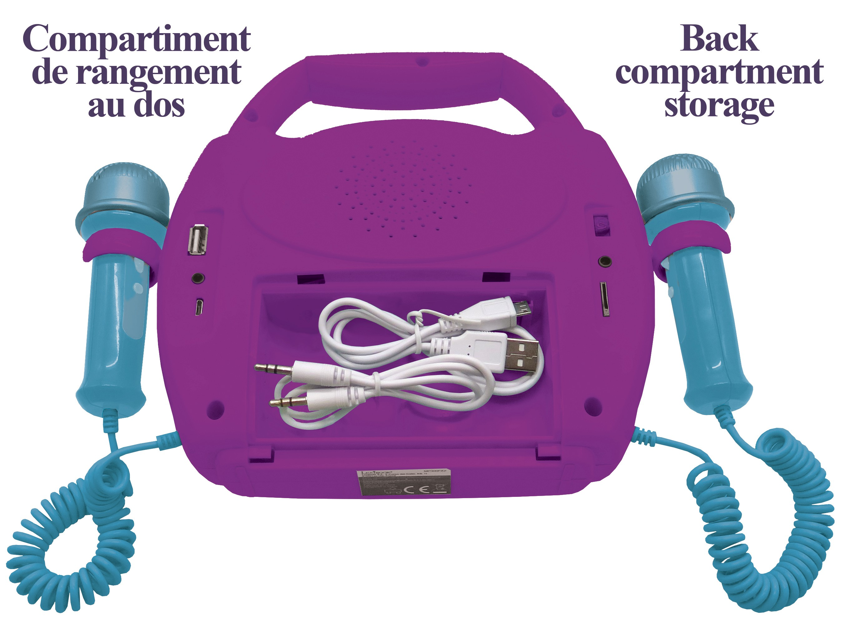 Una macchina per karaoke viola con due microfoni blu, scomparti etichettati e cavi bianchi.