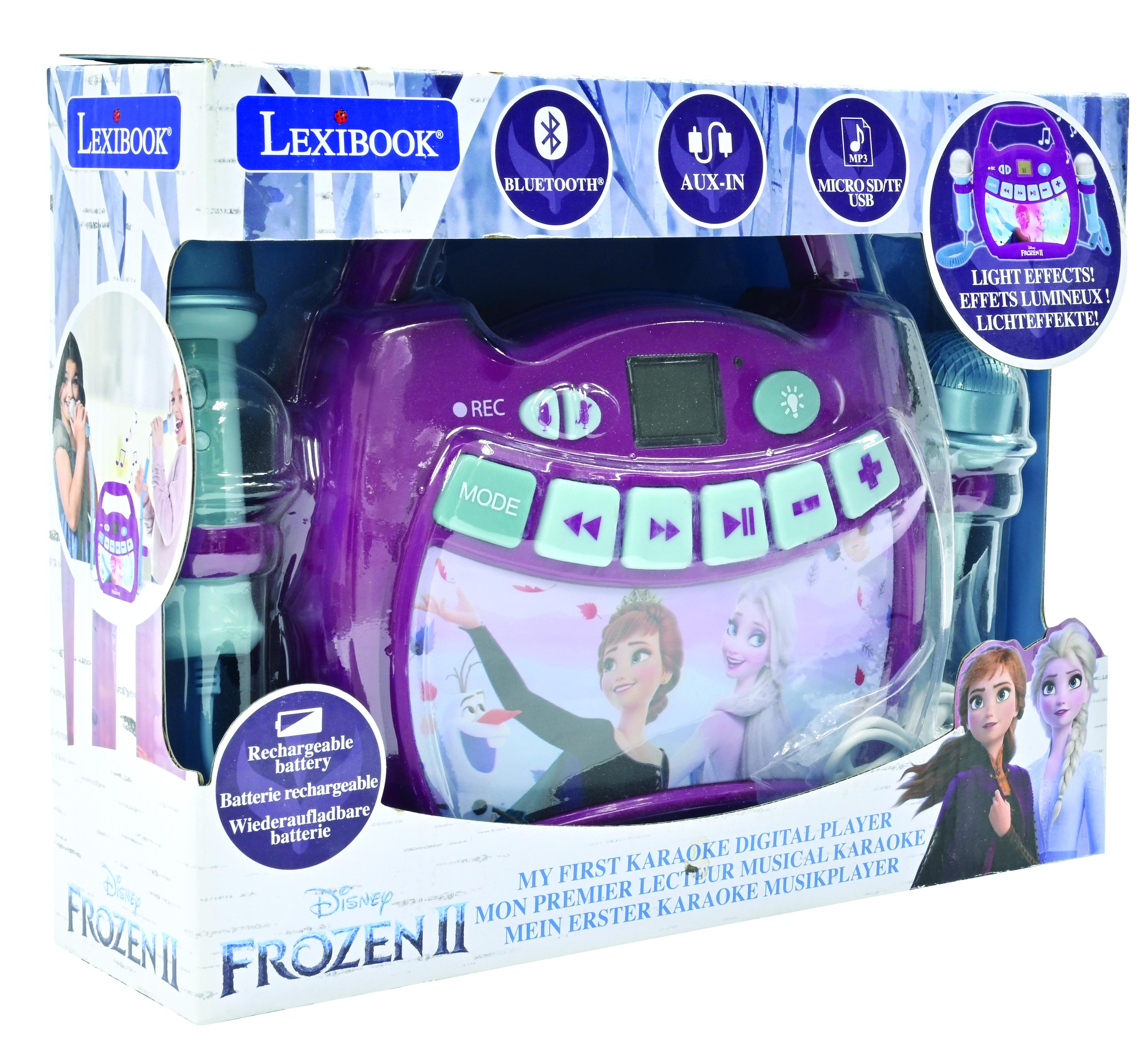 Macchina per karaoke Frozen II in scatola. Con Elsa, Anna e Olaf. Include microfoni e accessori.
