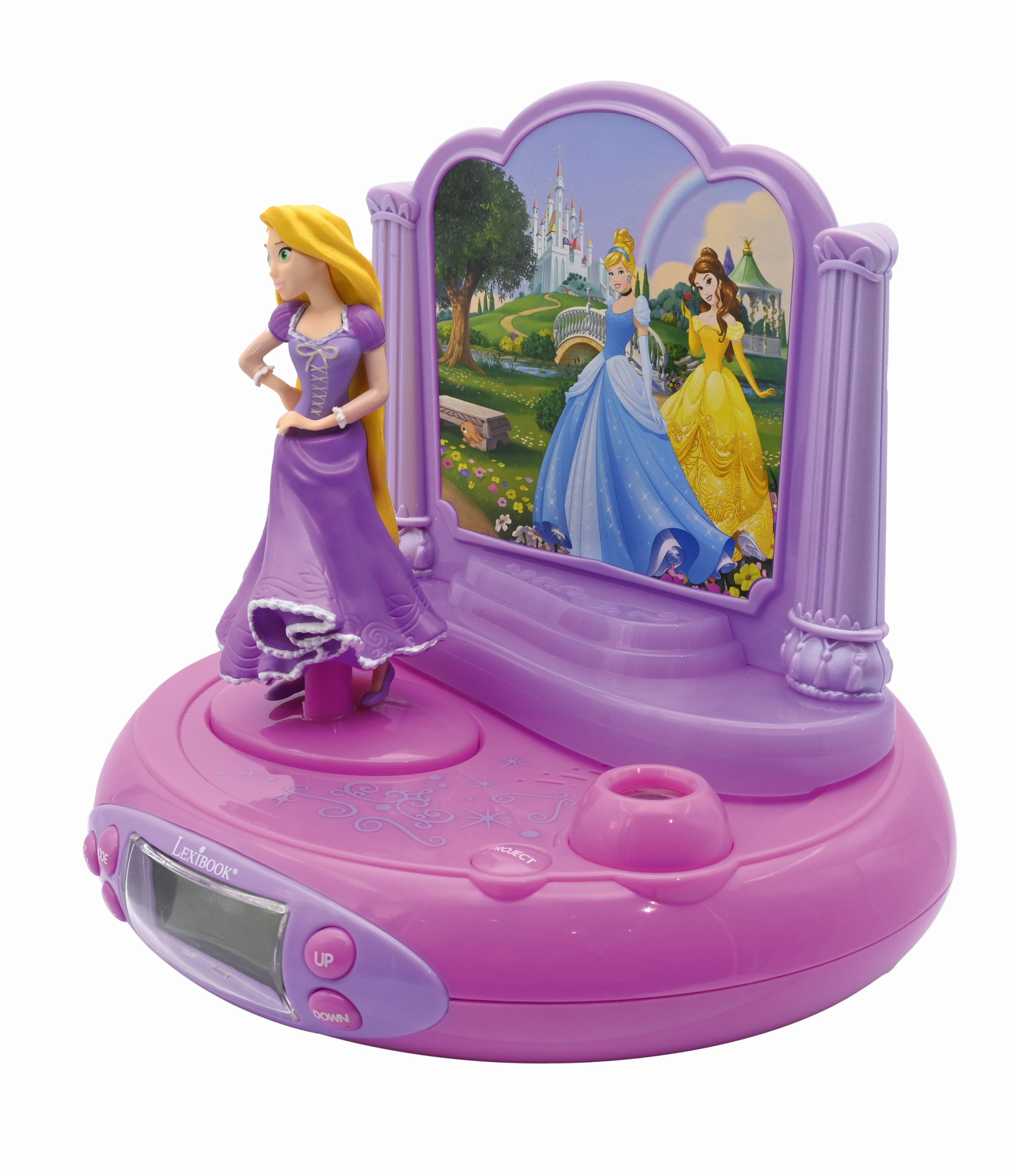 Reloj despertador rosa de princesa con Rapunzel y otras dos figuras de princesas.