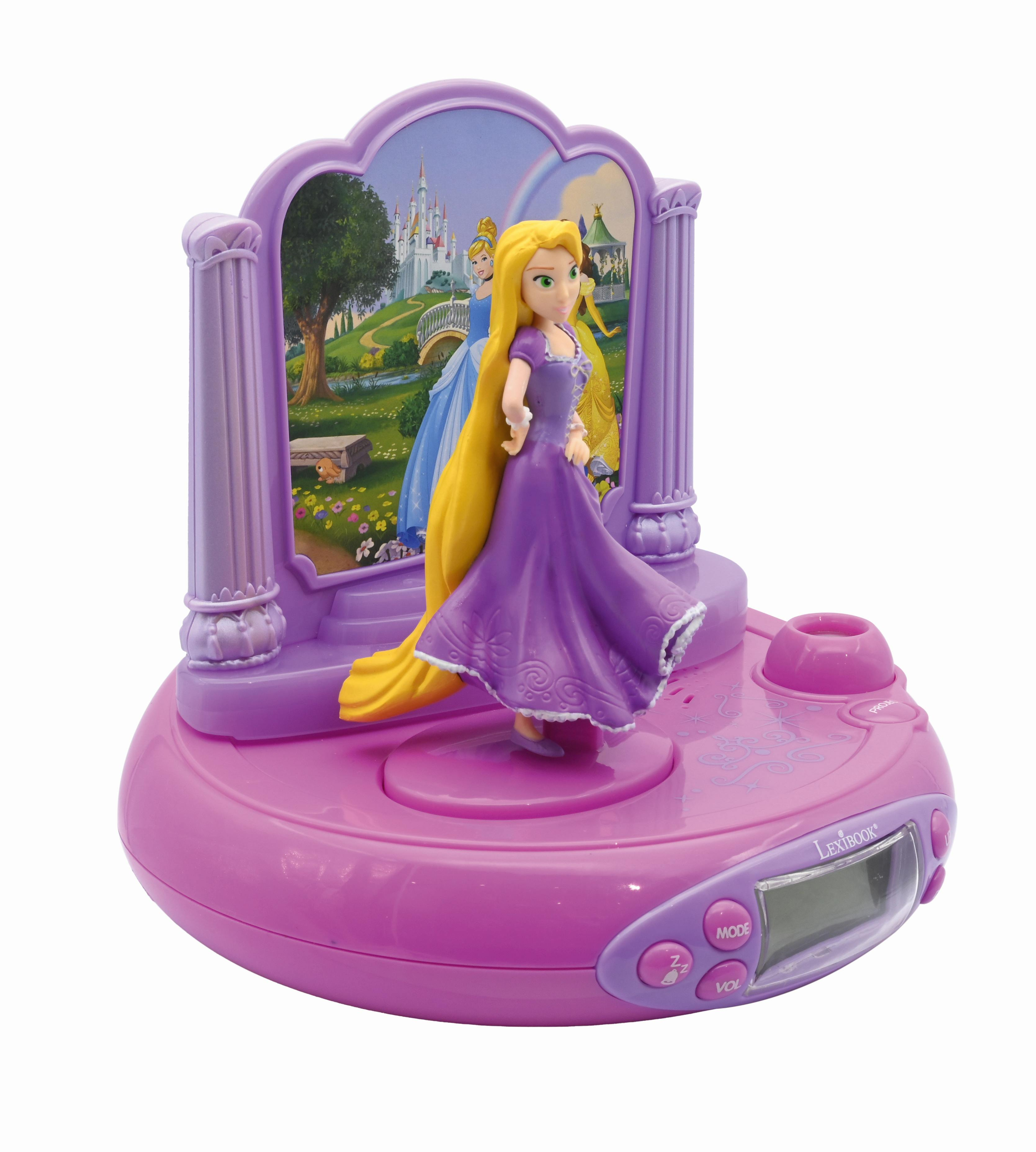 Despertador rosa de Rapunzel, con figura y reloj. Acentos púrpuras sobre base blanca.