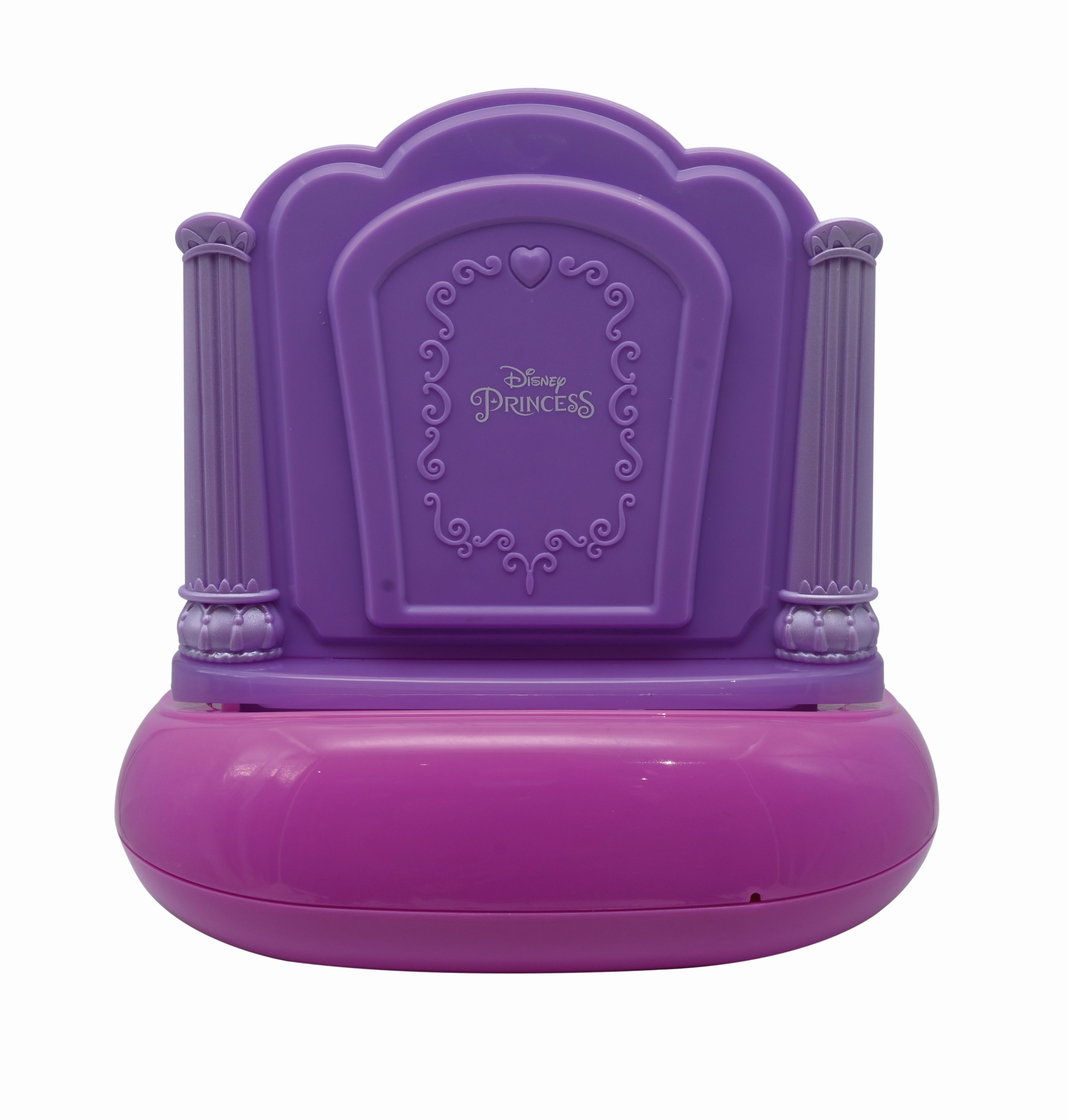 Tocador de juguete morado de Princesa con columnas, diseño de corazón y logo de Disney Princess. Fondo blanco.