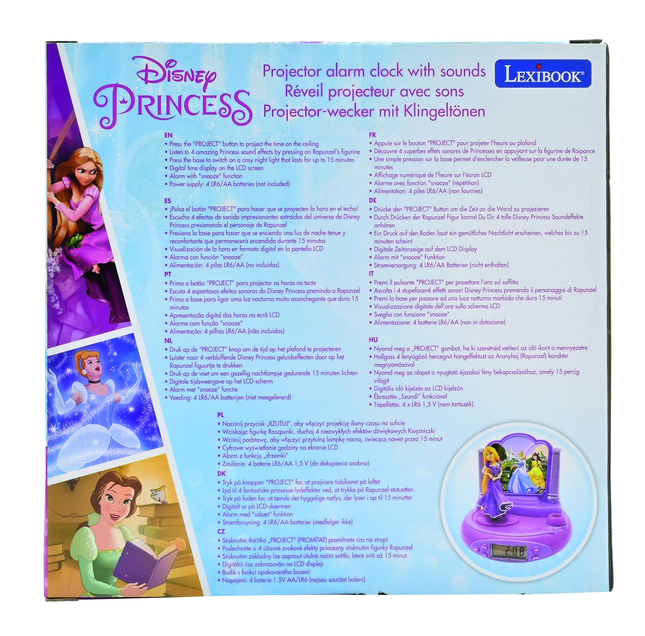 Caja con proyector de Princesas Disney, mostrando los personajes y funciones. Texto en varios idiomas.